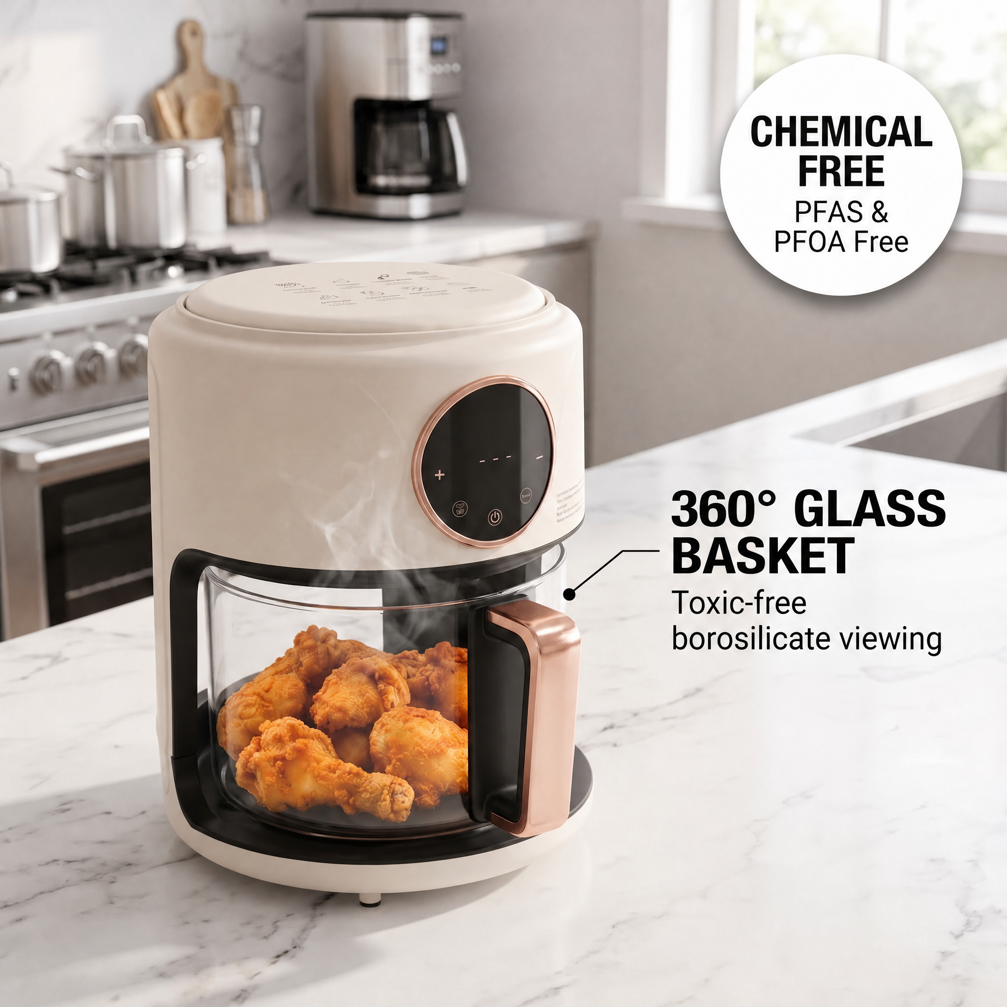FrixAiry Glass Basket Non-Toxic Air Fryer 4.44 Qt