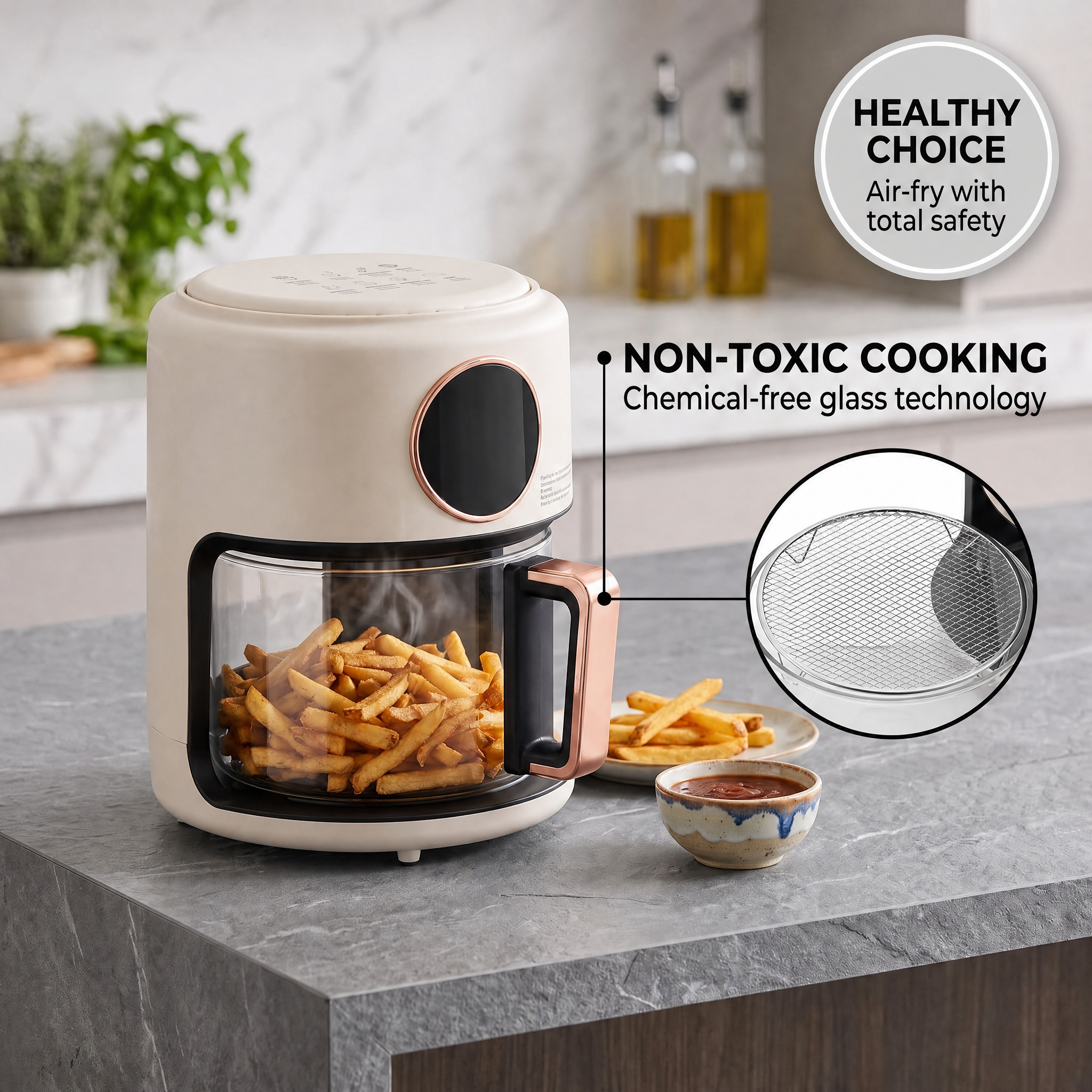 FrixAiry Glass Basket Non-Toxic Air Fryer 4.44 Qt