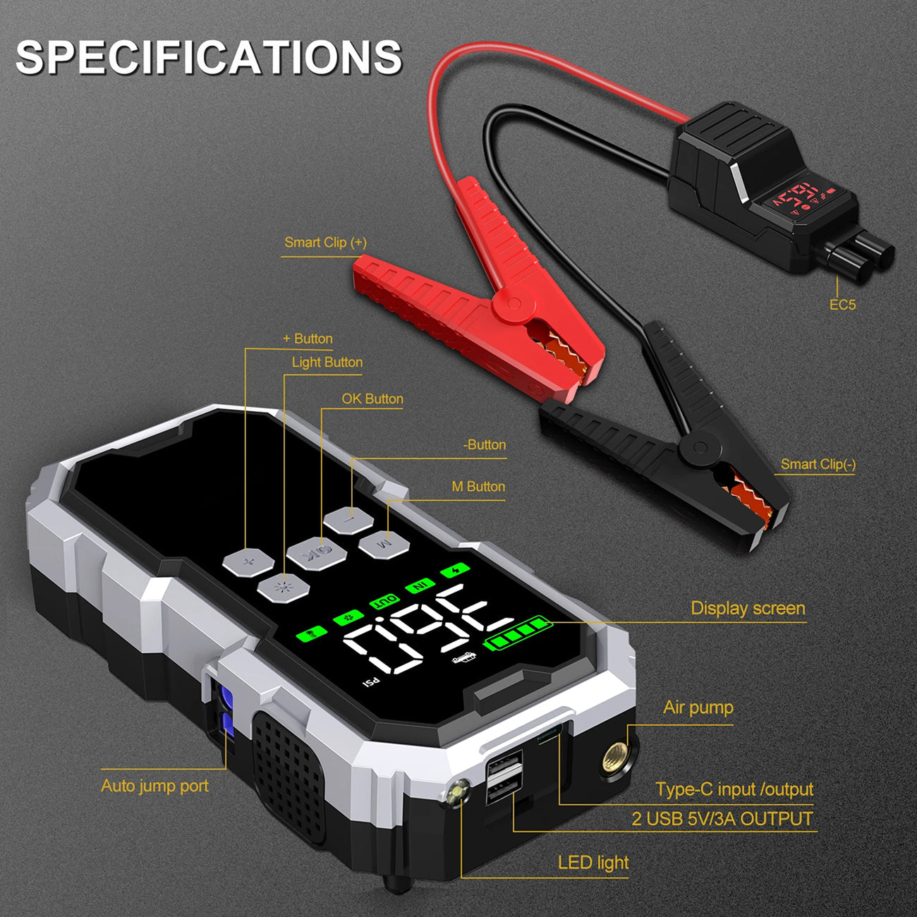 StartZapo V2 7000A Jump Starter – 150 PSI Air Compressor & 26,800mAh Portable Power Bank