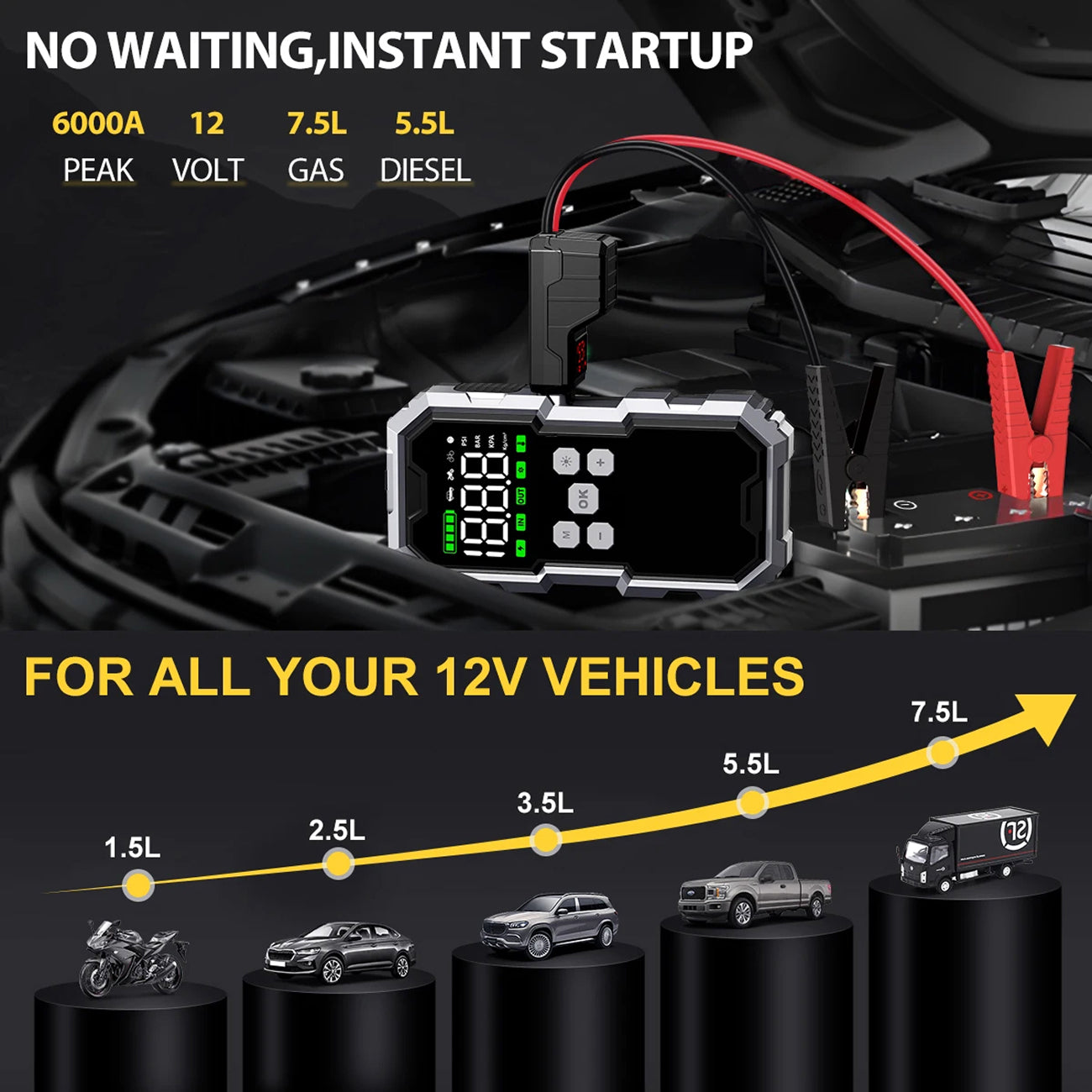 StartZapo V2 7000A Jump Starter – 150 PSI Air Compressor & 26,800mAh Portable Power Bank