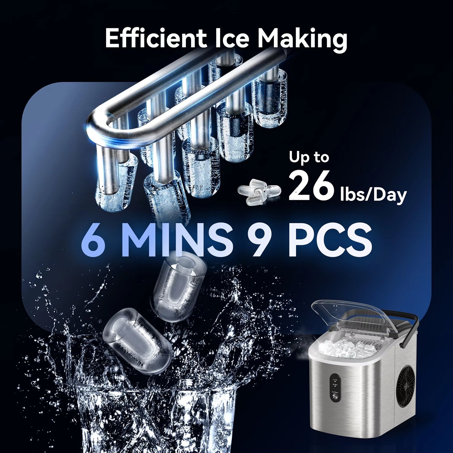 UrisFres Countertop Ice Maker – Rapid 6-Minute Production, 26lbs Daily Output & Self-Cleaning Mode