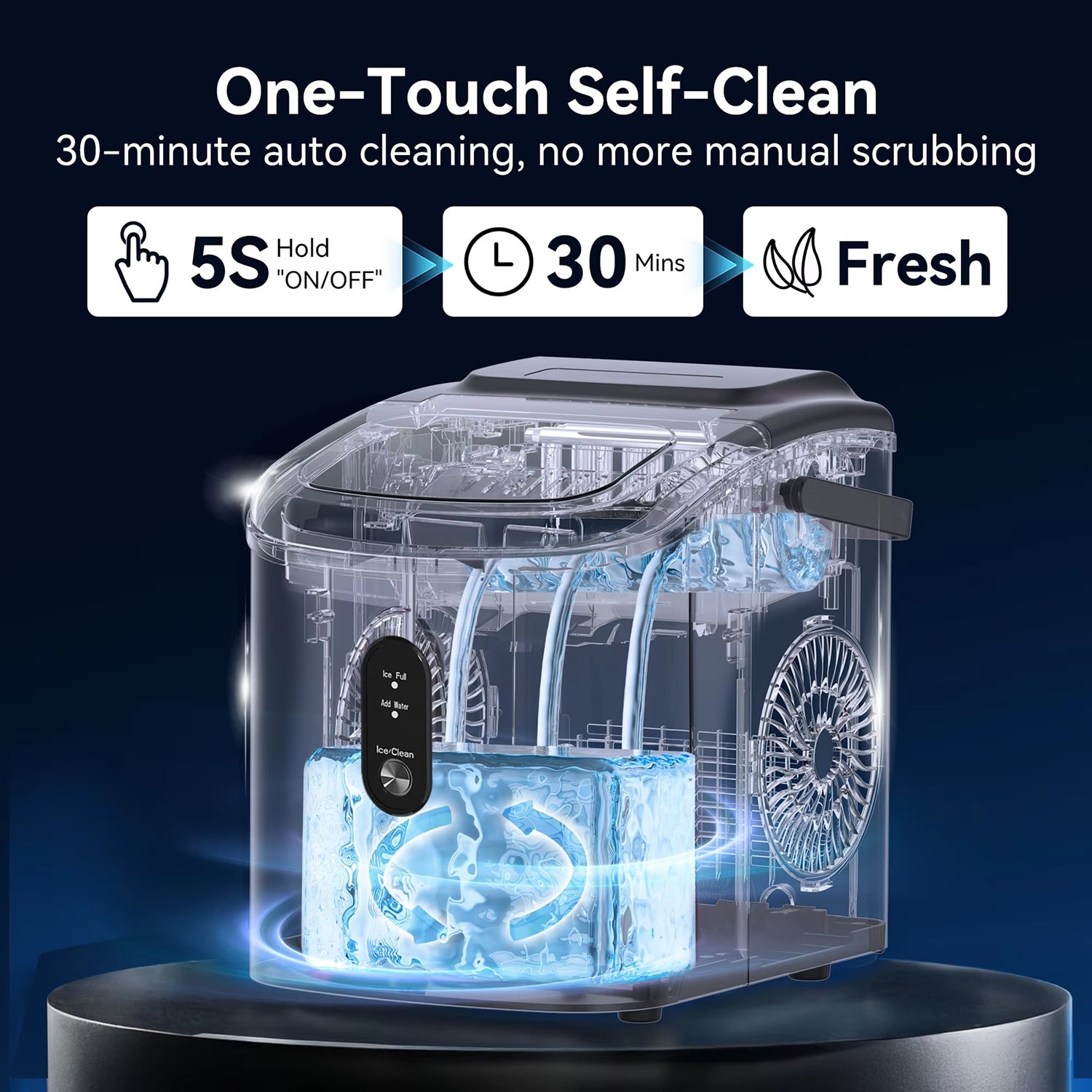 UrisFres Countertop Ice Maker – Rapid 6-Minute Production, 26lbs Daily Output & Self-Cleaning Mode