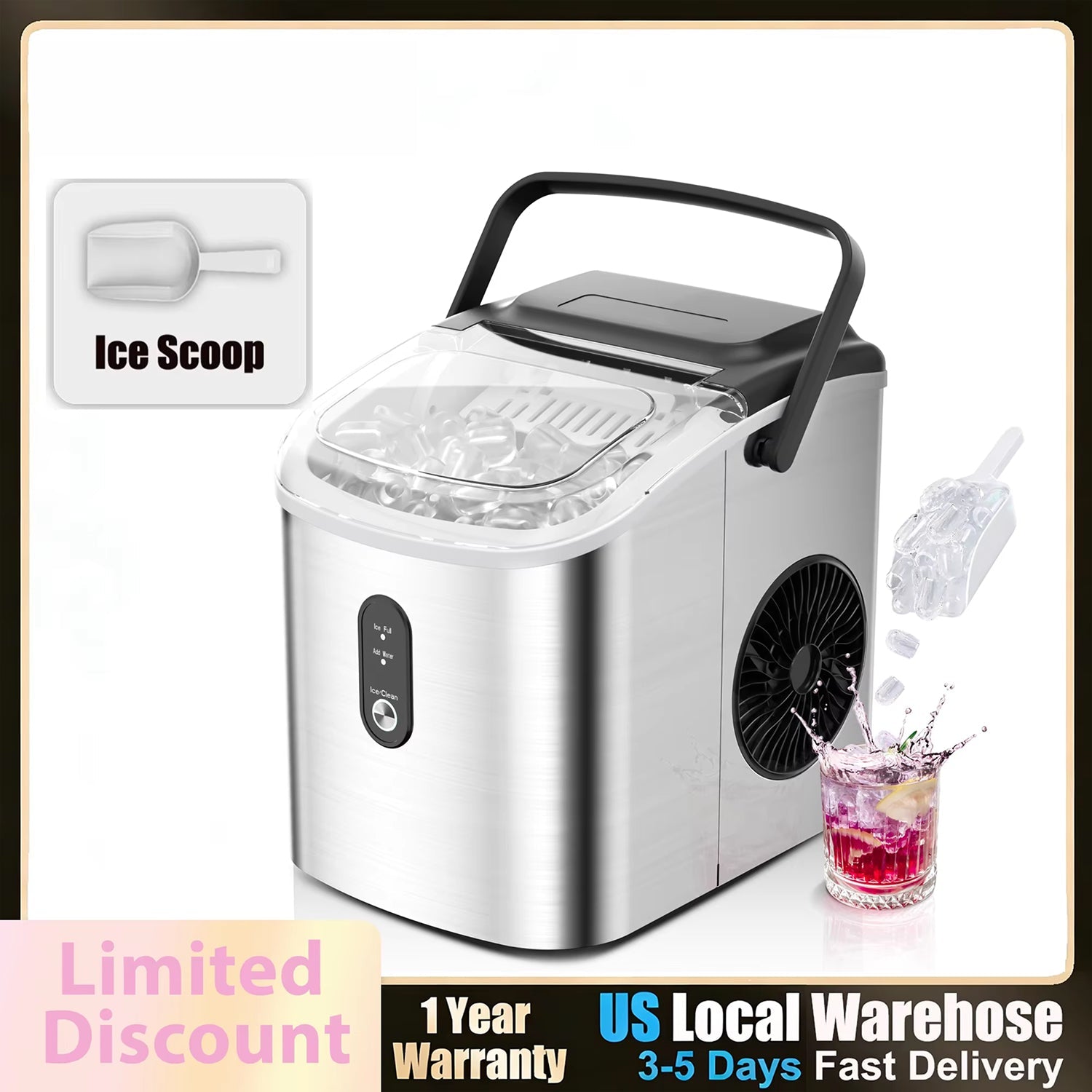 UrisFres Countertop Ice Maker – Rapid 6-Minute Production, 26lbs Daily Output & Self-Cleaning Mode