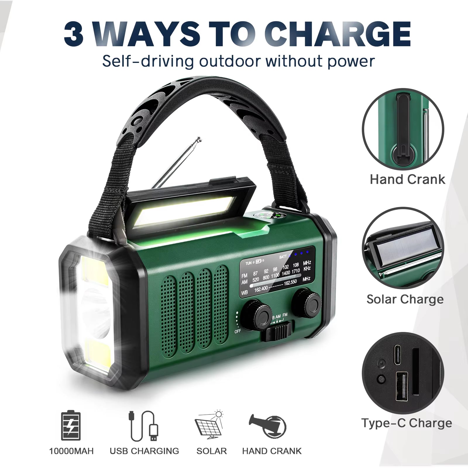 AlertWavi 4000mAh Emergency Power – Solar/Crank/USB Charging, NOAA Alerts & SOS Siren