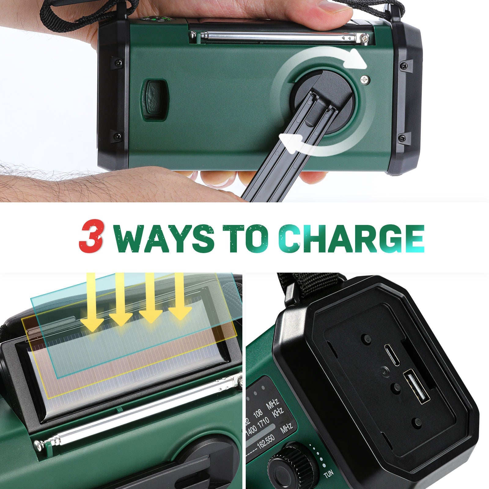 AlertWavi 4000mAh Emergency Power – Solar/Crank/USB Charging, NOAA Alerts & SOS Siren