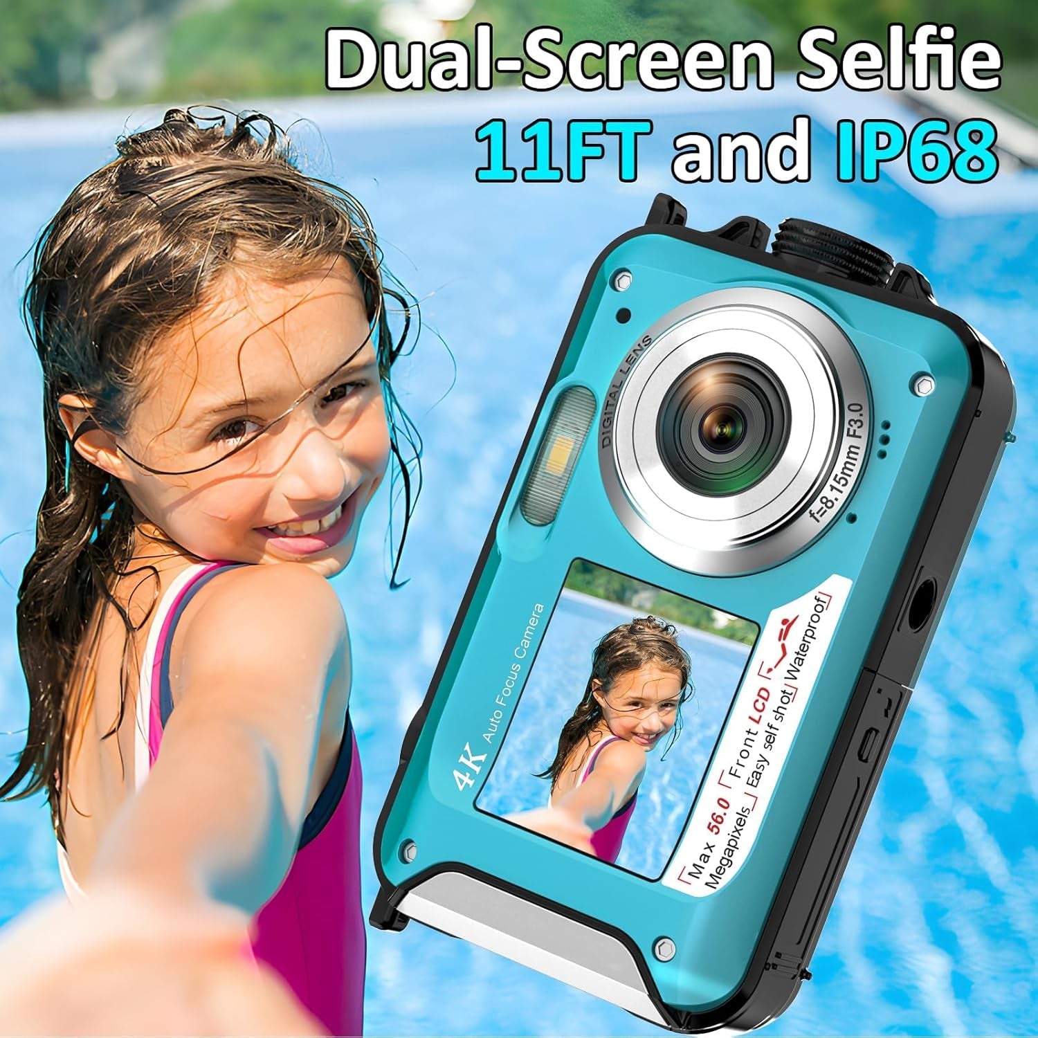 ShotCorix 4K UHD Waterproof Digital Camera – 56MP Dual Screen, 11ft Underwater Selfie Design