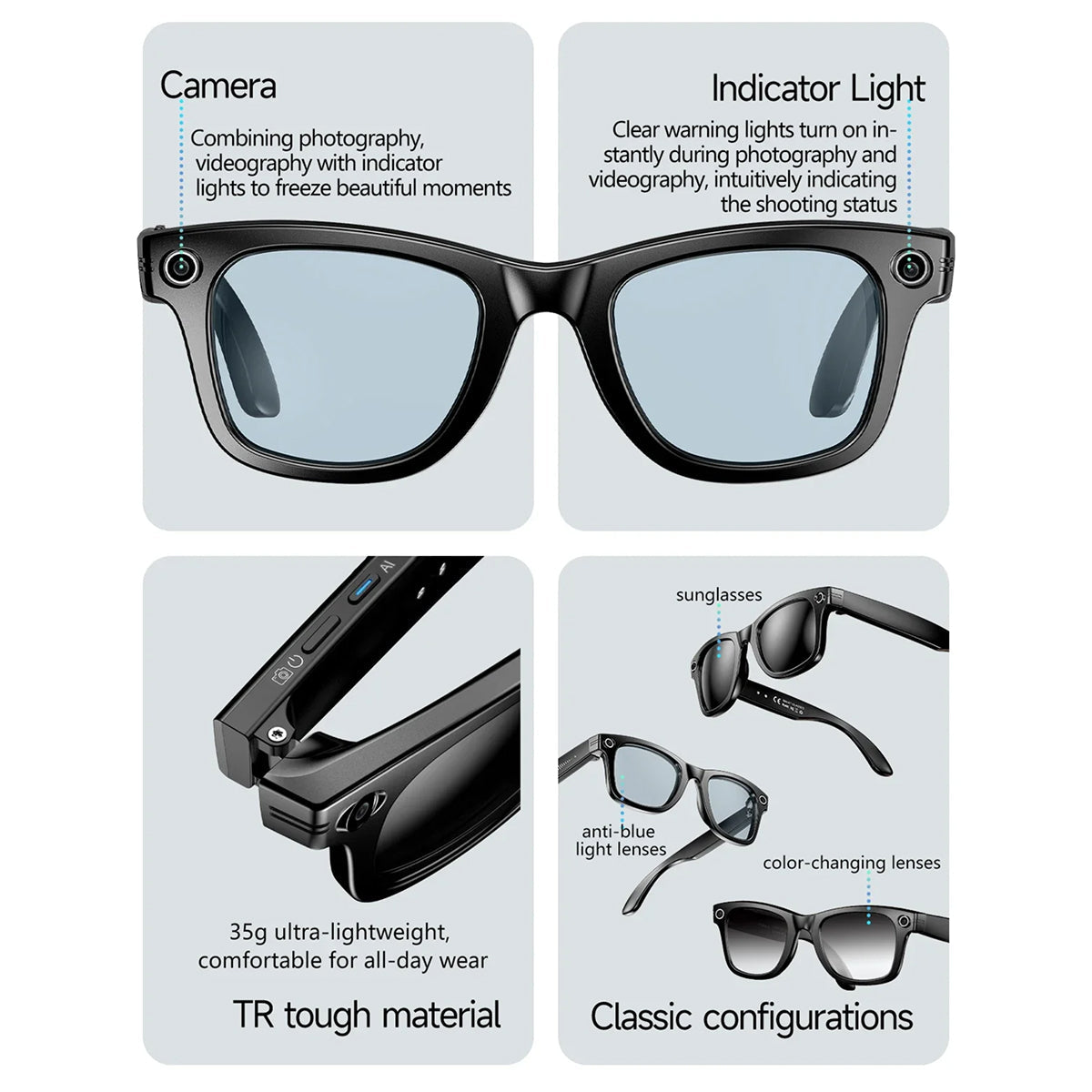 AuraLens Smart AI Glasses – Open-Ear Audio, Voice Assistant Integration & Polarized Anti-Blue Lenses