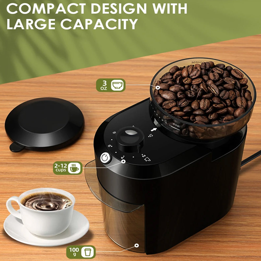 BrewixMi Electric Burr Coffee Grinder – 25 Precise Grind Settings, 12-Cup Capacity & Safety Lock