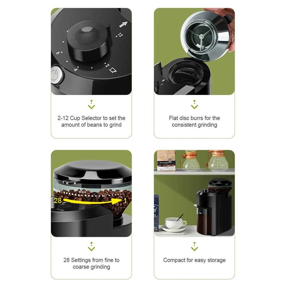 BrewixMi Electric Burr Coffee Grinder – 25 Precise Grind Settings, 12-Cup Capacity & Safety Lock