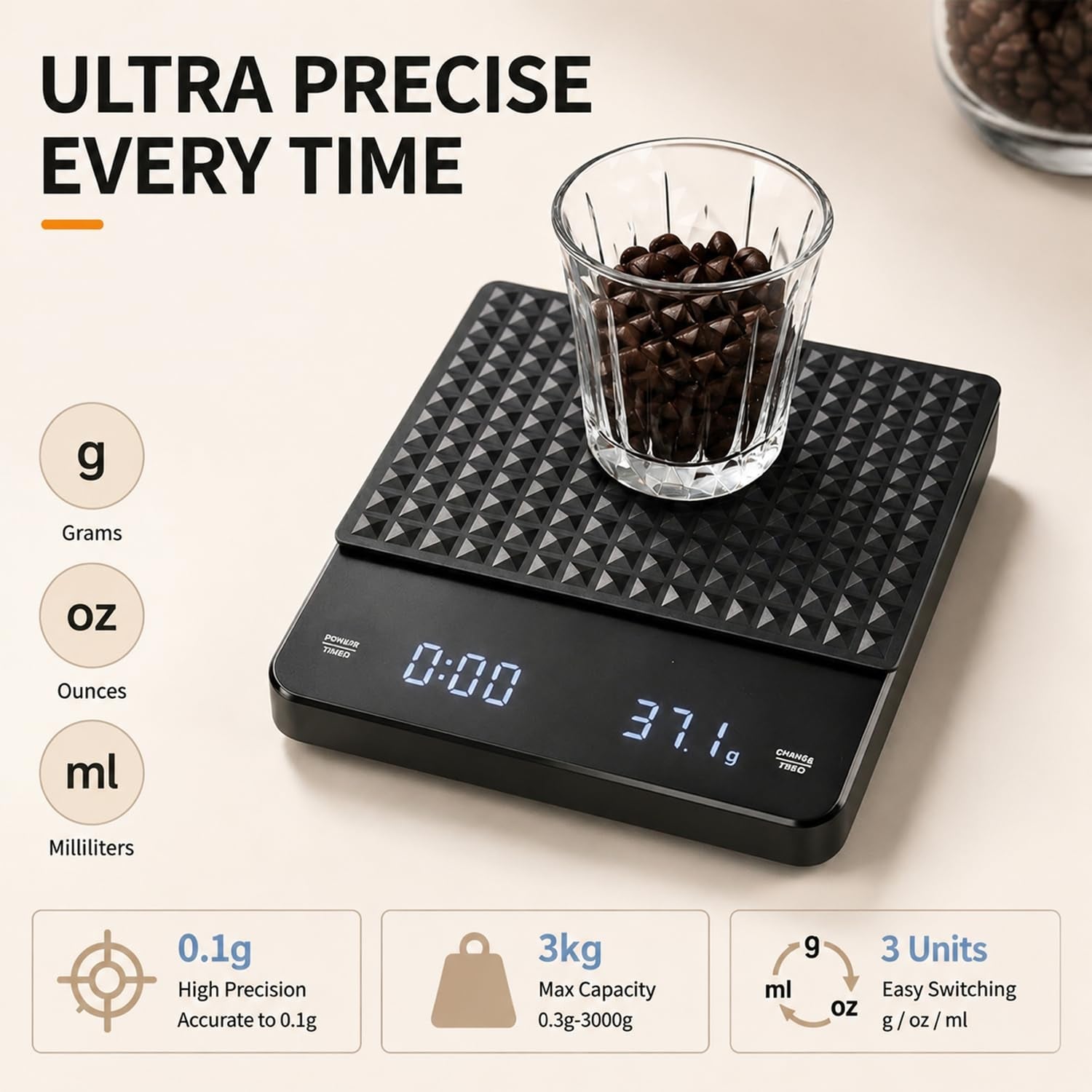 GossWic 0.1g Precision Across 0.1g–3,000g Range For Espresso, Pour-Over, And All Brew Methods