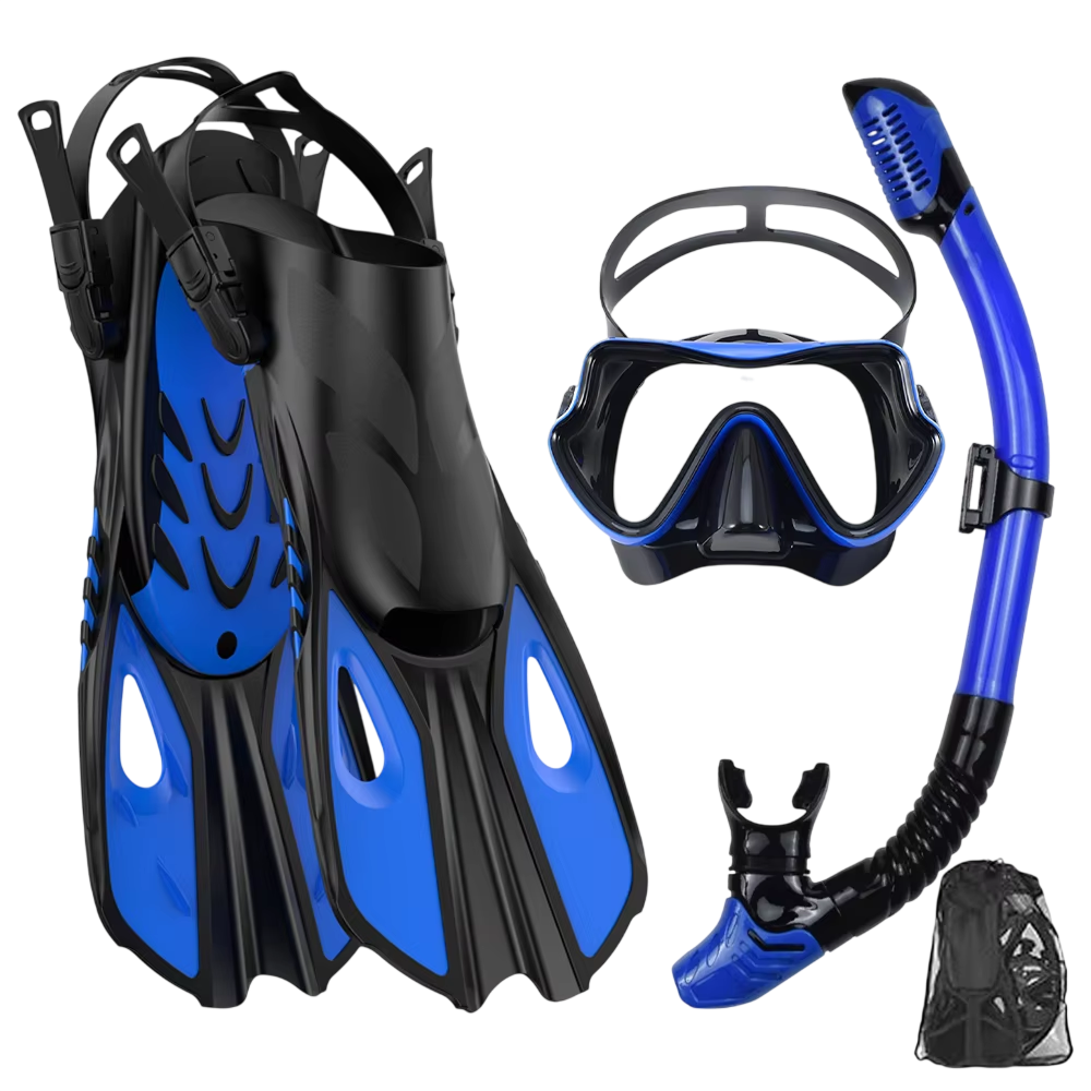 BlicMask Panoramic Snorkel Set – Anti-Fog Tempered Glass, Dry Top Valve & Adjustable Fin Fit