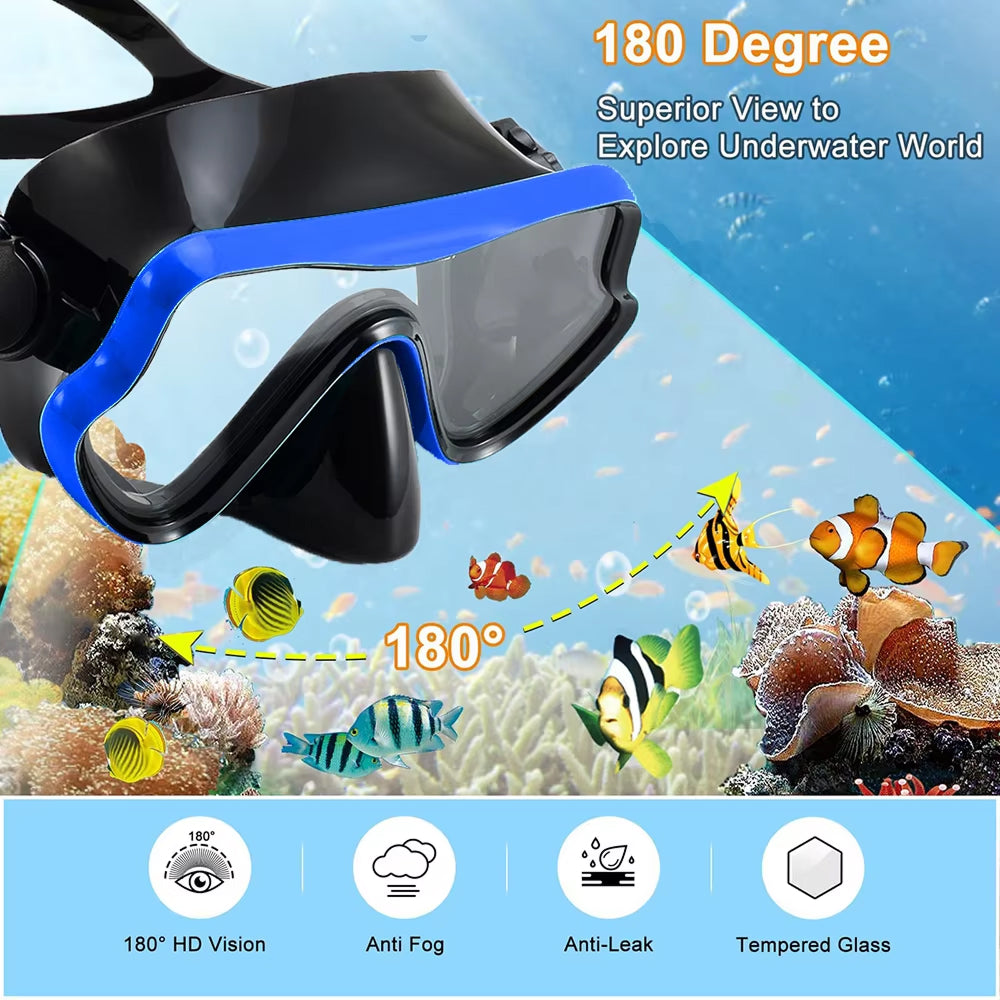 BlicMask Panoramic Snorkel Set – Anti-Fog Tempered Glass, Dry Top Valve & Adjustable Fin Fit