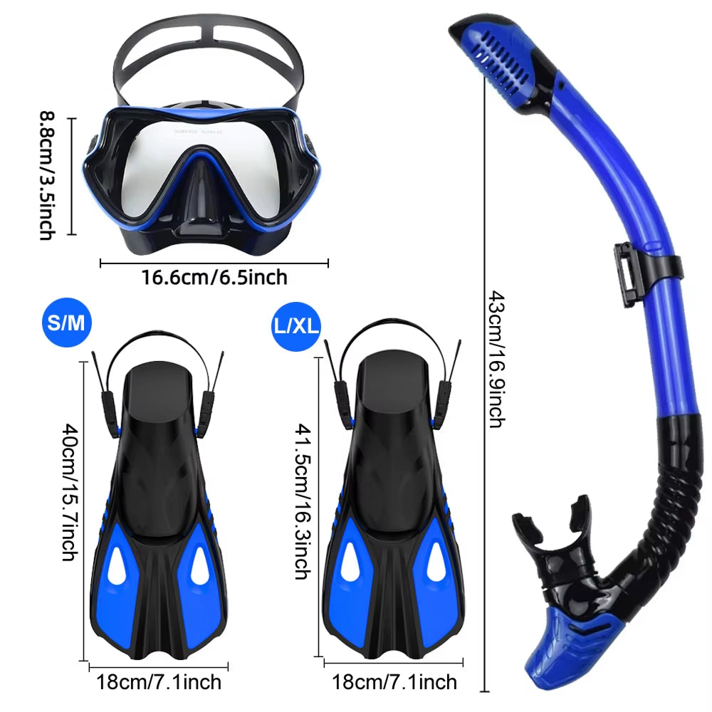 BlicMask Panoramic Snorkel Set – Anti-Fog Tempered Glass, Dry Top Valve & Adjustable Fin Fit