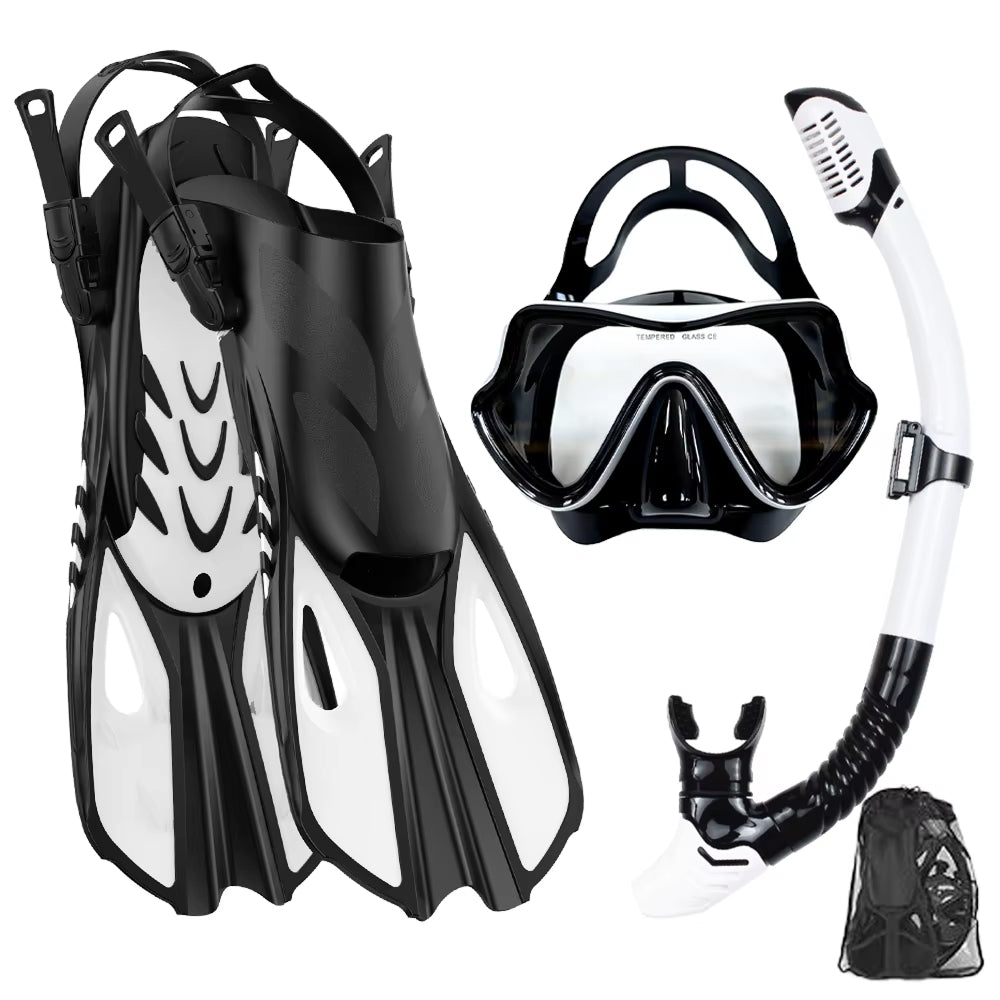 BlicMask Panoramic Snorkel Set – Anti-Fog Tempered Glass, Dry Top Valve & Adjustable Fin Fit