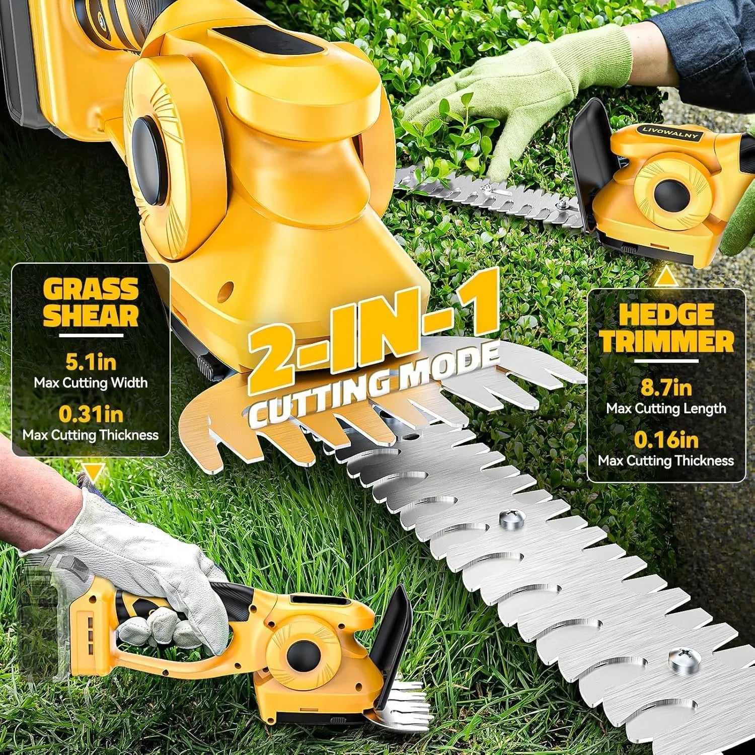 GraxClin Battery Hedge Trimmer – 20-Inch Dual Action Blades, 20V Cordless Power & Safety Guard