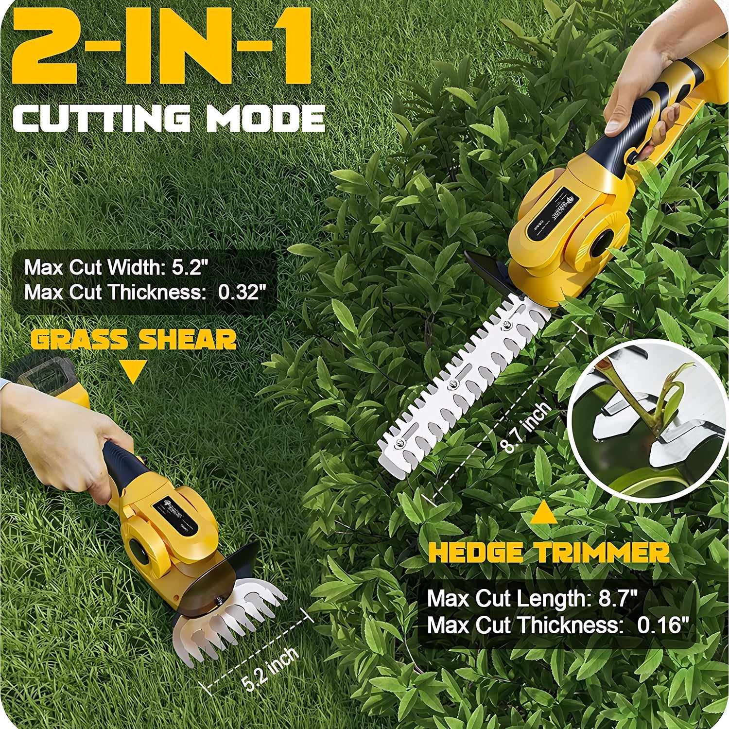 GraxClin Battery Hedge Trimmer – 20-Inch Dual Action Blades, 20V Cordless Power & Safety Guard