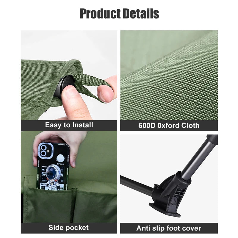 HaciVelas Heavy-Duty Camping Cot – Foldable Steel Tube Frame, Breathable Oxford Fabric & Storage Pocket