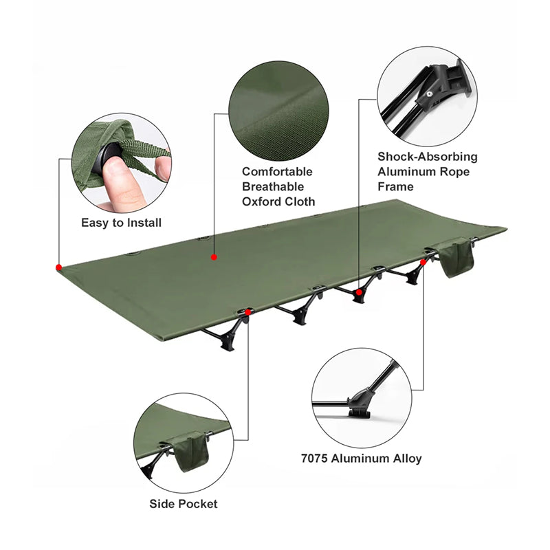 HaciVelas Heavy-Duty Camping Cot – Foldable Steel Tube Frame, Breathable Oxford Fabric & Storage Pocket