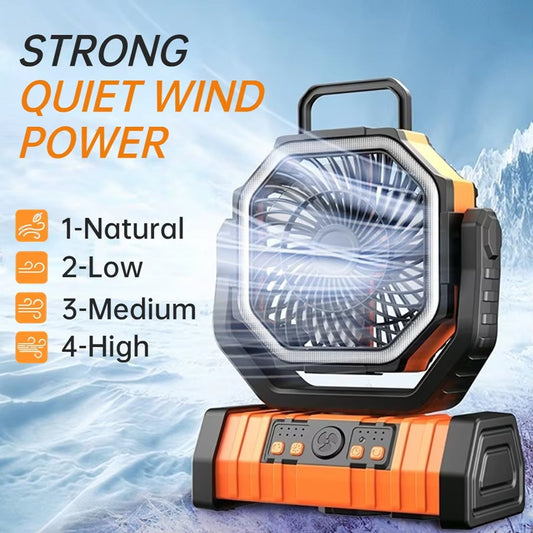 CachiLemi Portable Camping Fan – Multi-Speed Oscillating Airflow, Integrated LED Lantern & Rechargeable Power Bank