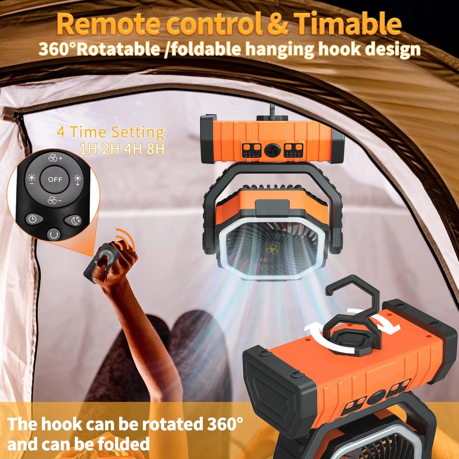 CachiLemi Portable Camping Fan – Multi-Speed Oscillating Airflow, Integrated LED Lantern & Rechargeable Power Bank