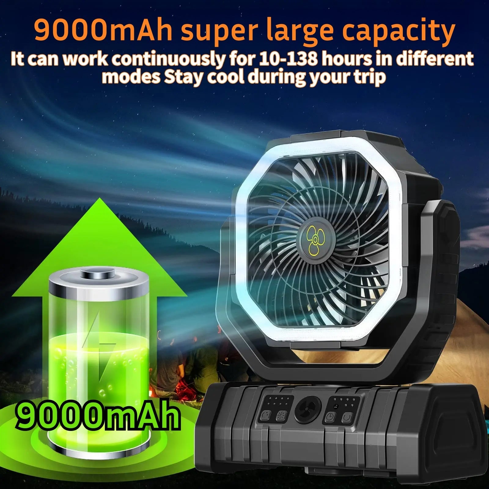 CachiLemi Portable Camping Fan – Multi-Speed Oscillating Airflow, Integrated LED Lantern & Rechargeable Power Bank