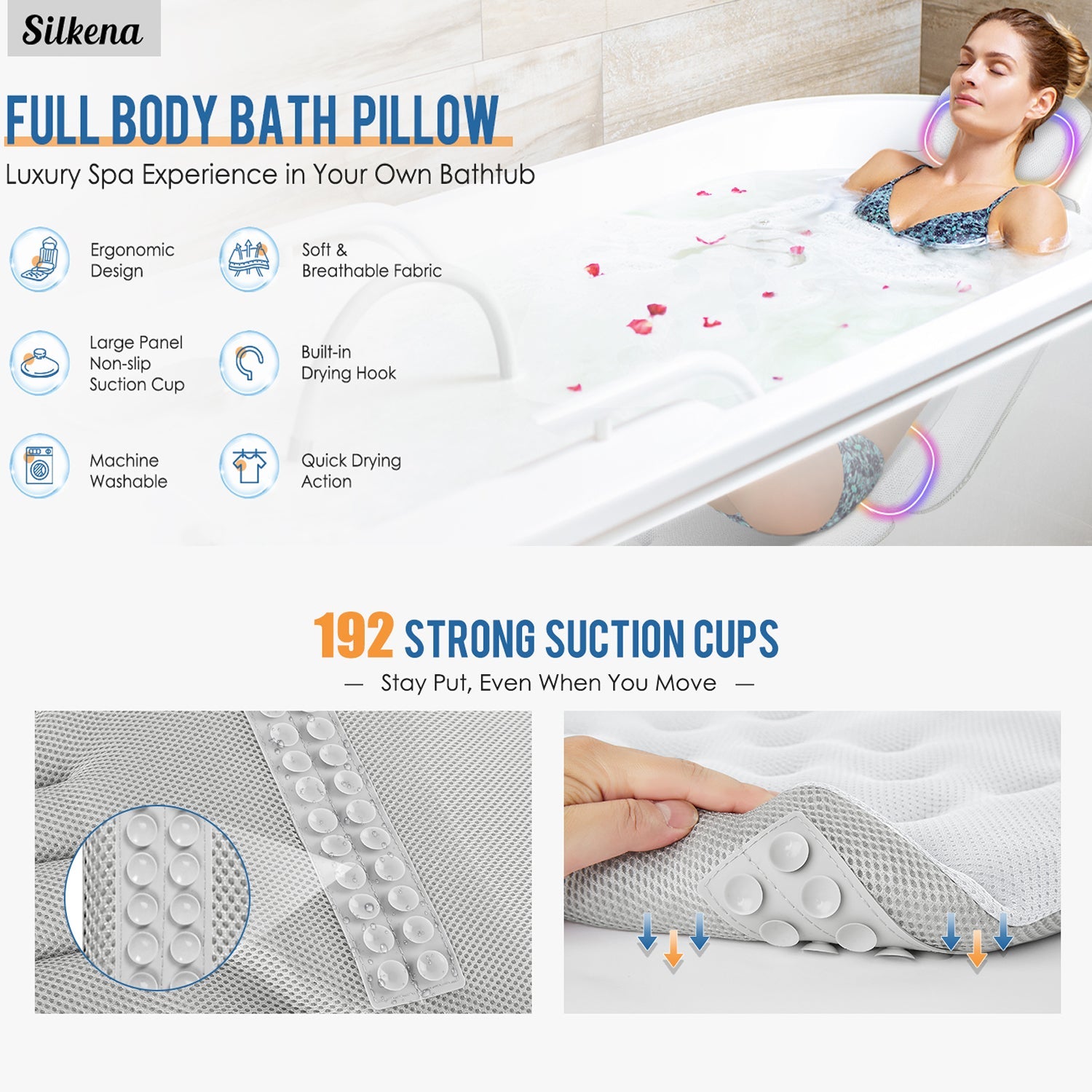 LimiJaxi Full Body Bath Pillow – 4D Air Mesh Technology, 6 Suction Cups & Ergonomic Head Support