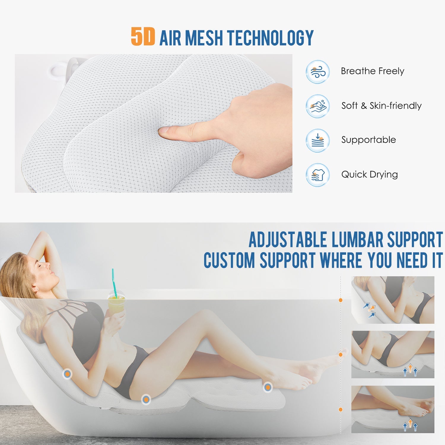 LimiJaxi Full Body Bath Pillow – 4D Air Mesh Technology, 6 Suction Cups & Ergonomic Head Support