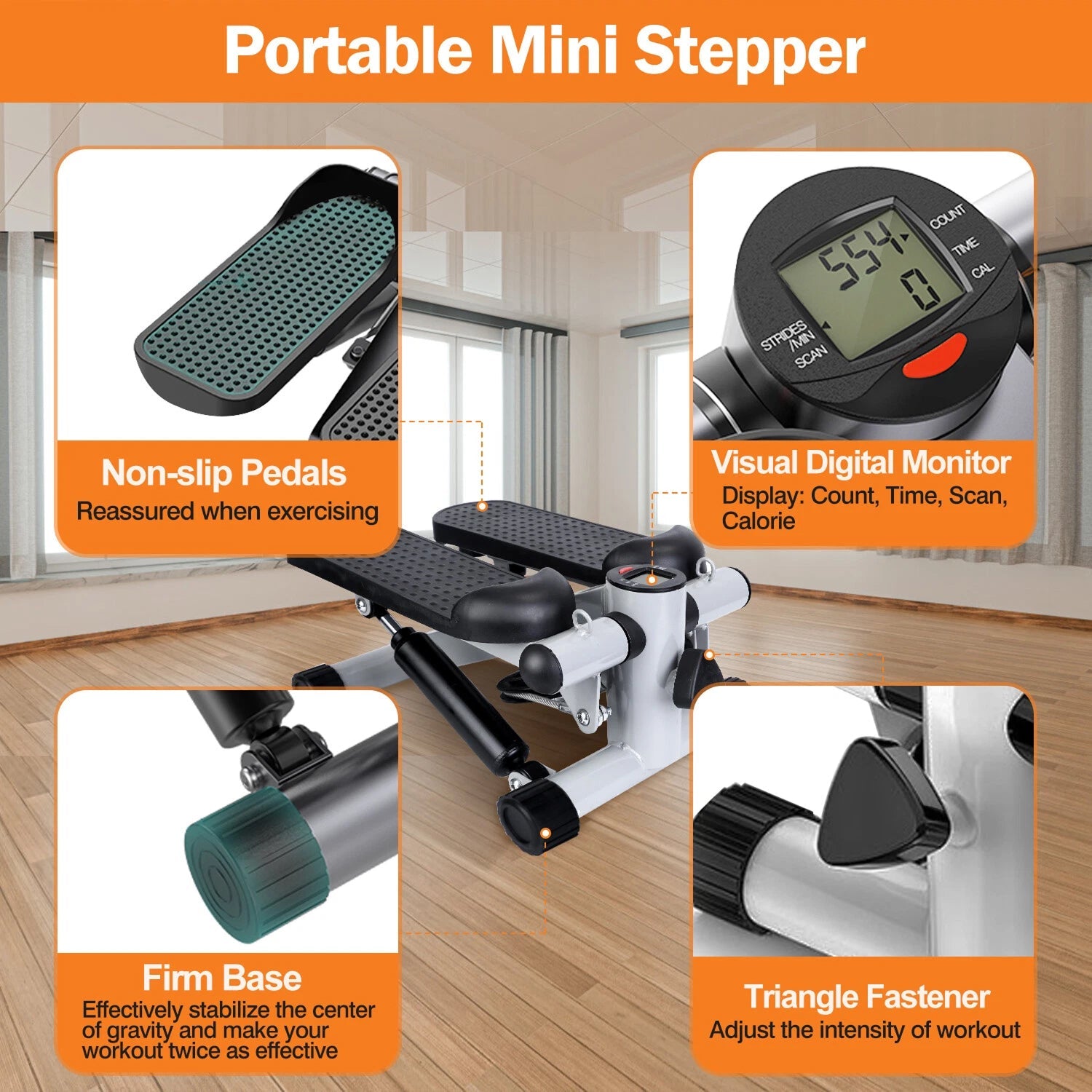 LitePreti Portable Mini Stepper – Resistance Bands, LCD Fitness Monitor & Compact Home Design