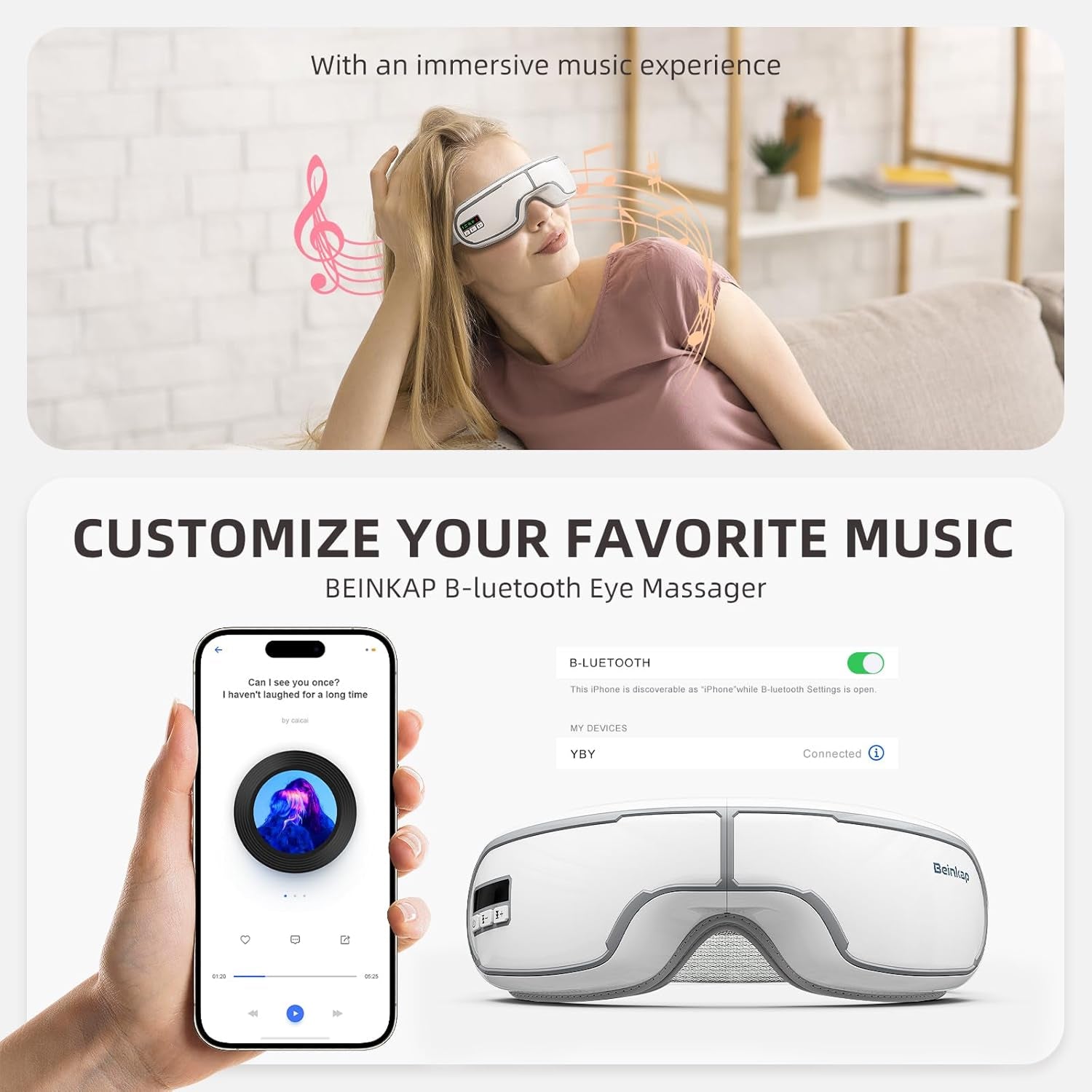 MasaHixiv Heated Eye Massager with Bluetooth 5.0 and 3D Compression for Migraine Relief and Sleep