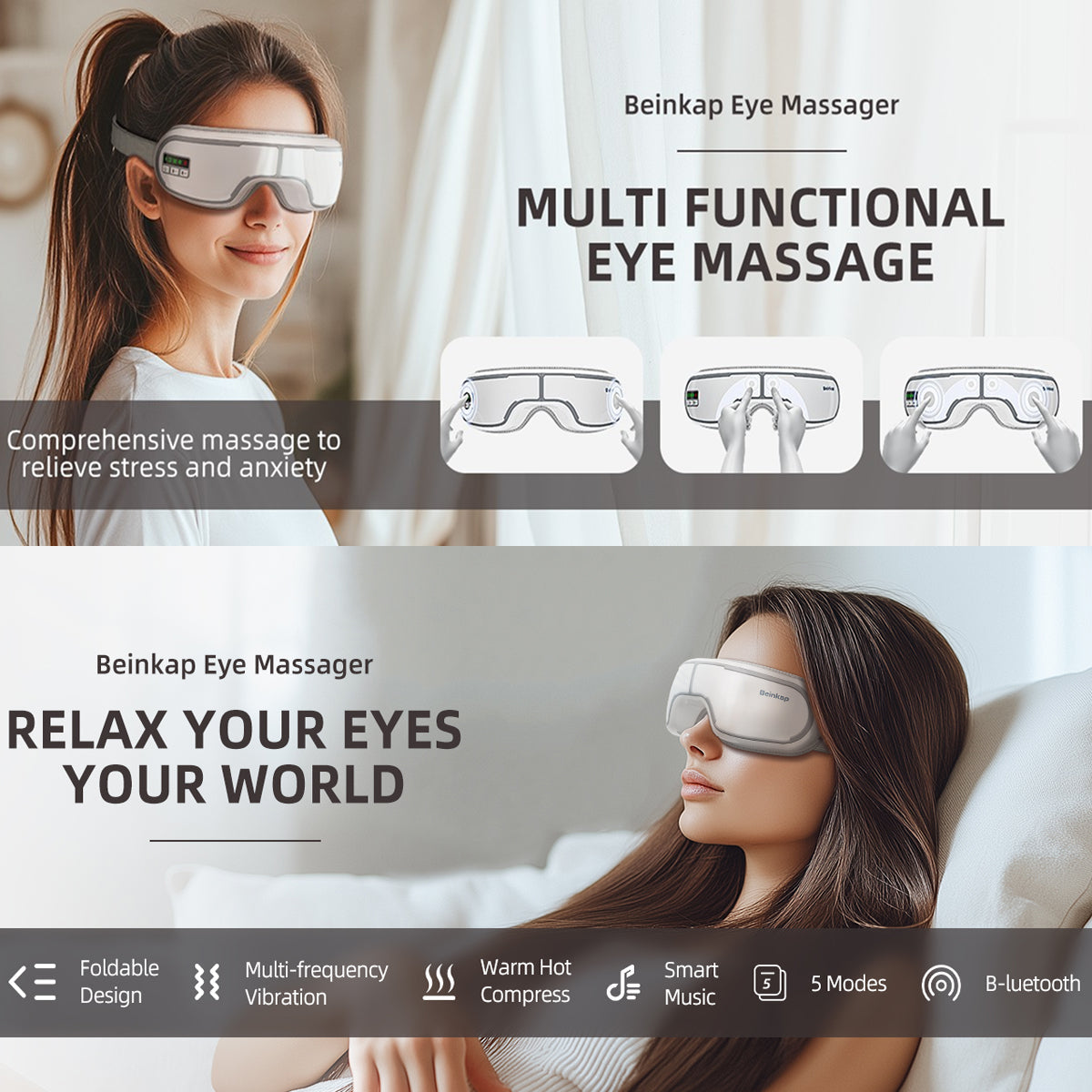 MasaHixiv Heated Eye Massager with Bluetooth 5.0 and 3D Compression for Migraine Relief and Sleep
