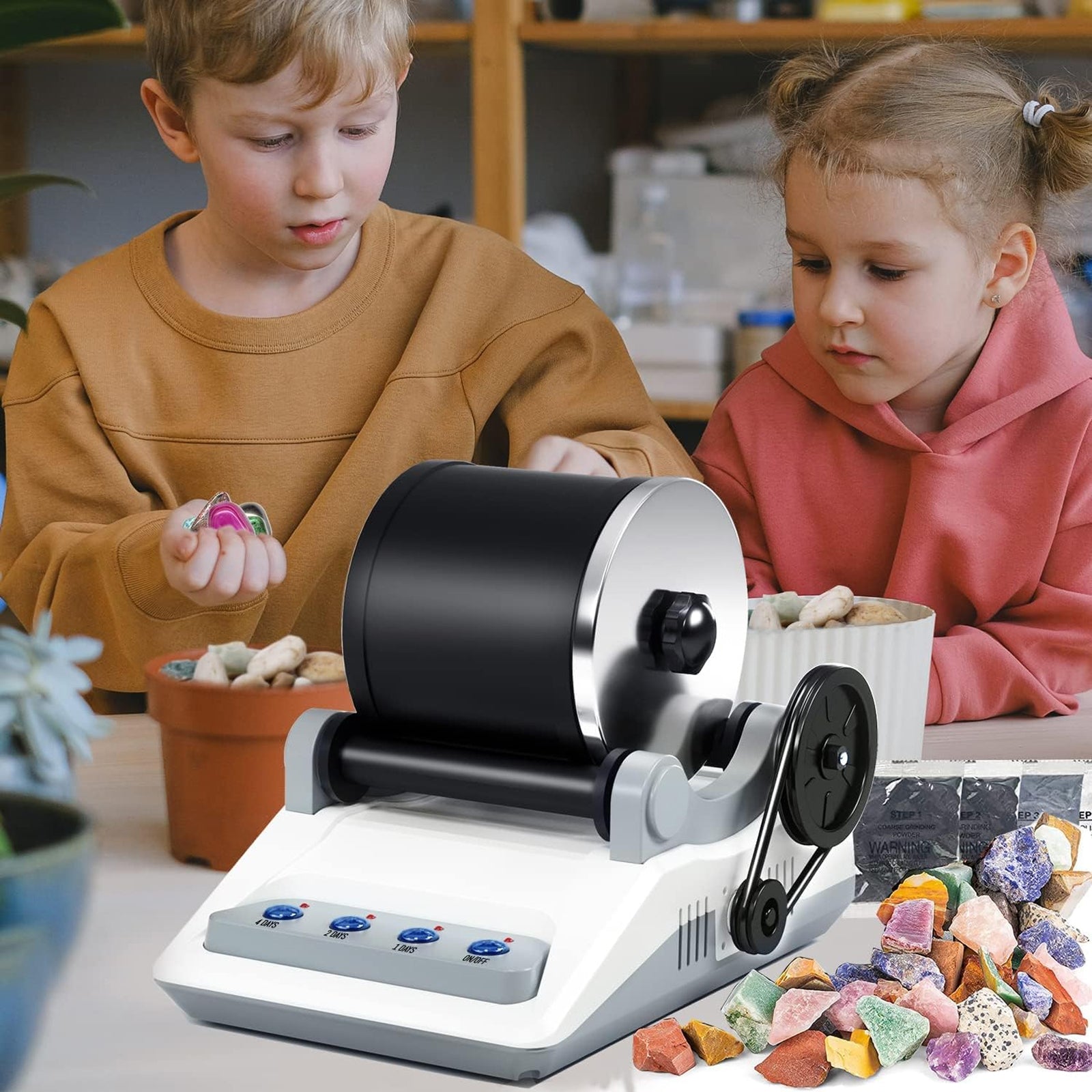 RociPolis Professional Rock Tumbler Kit – Quiet Leak-Proof Barrel with Gems, Grit & Jewelry Settings