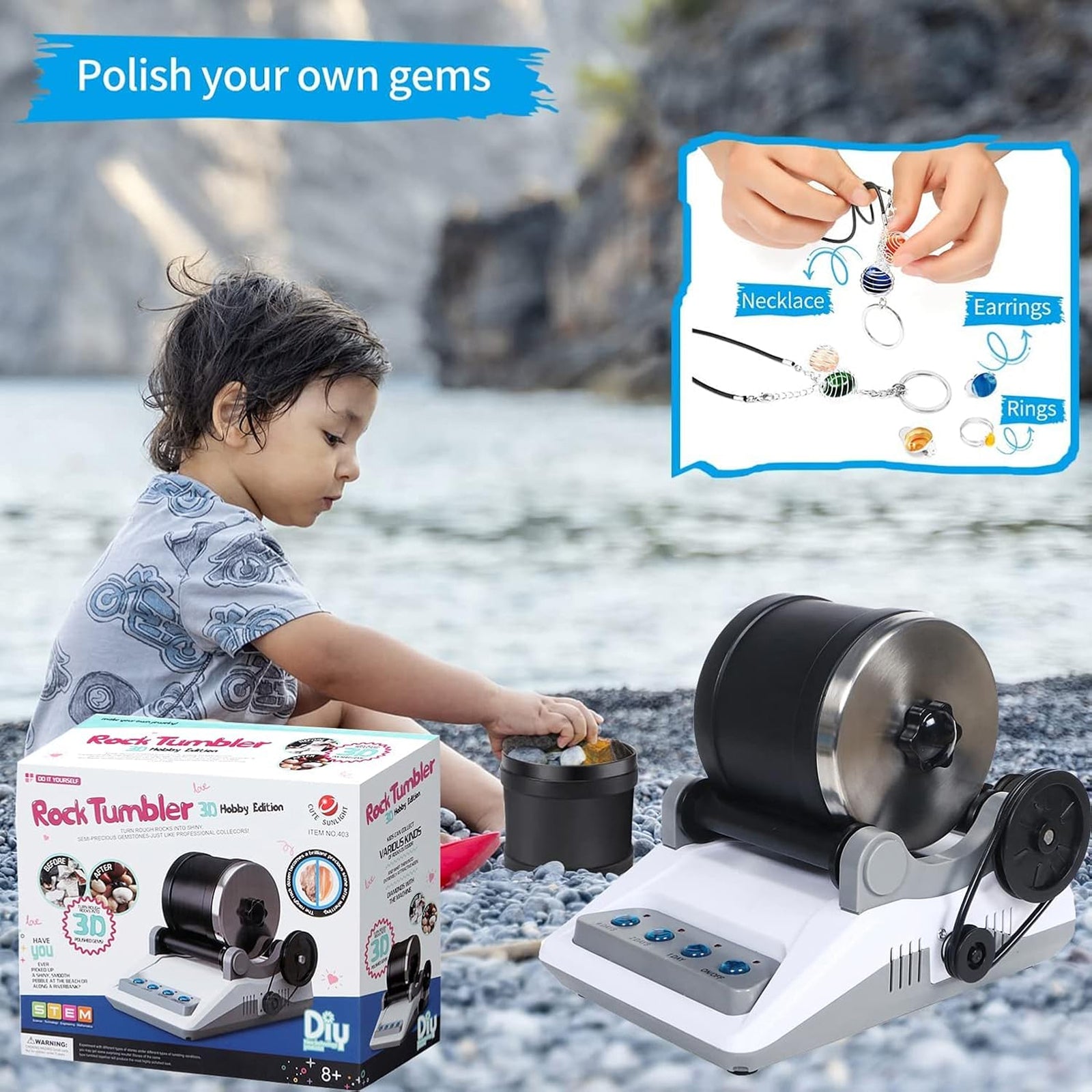 RociPolis Professional Rock Tumbler Kit – Quiet Leak-Proof Barrel with Gems, Grit & Jewelry Settings