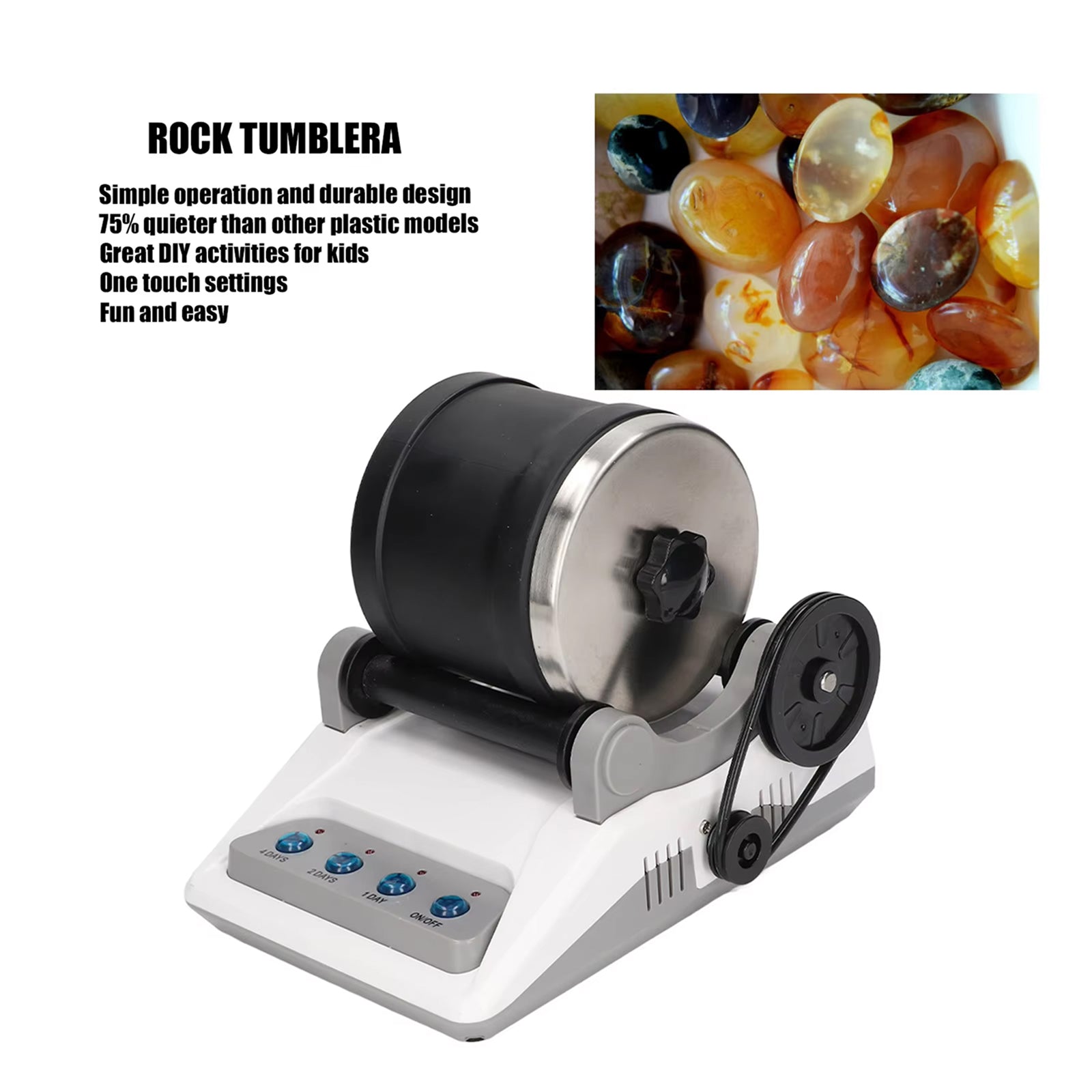 RociPolis Professional Rock Tumbler Kit – Quiet Leak-Proof Barrel with Gems, Grit & Jewelry Settings