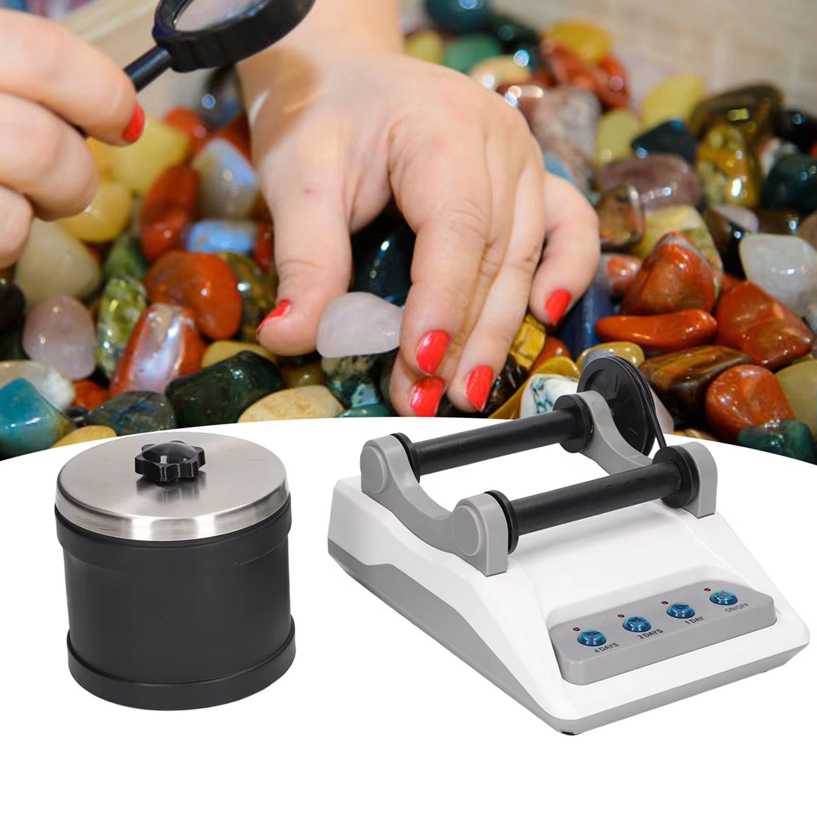 RociPolis Professional Rock Tumbler Kit – Quiet Leak-Proof Barrel with Gems, Grit & Jewelry Settings
