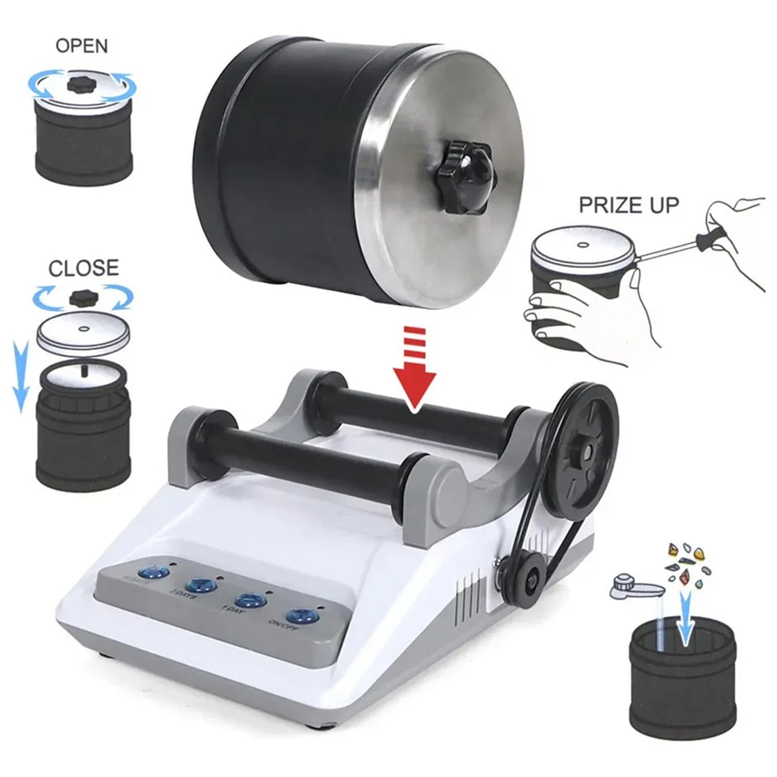 RociPolis Professional Rock Tumbler Kit – Quiet Leak-Proof Barrel with Gems, Grit & Jewelry Settings