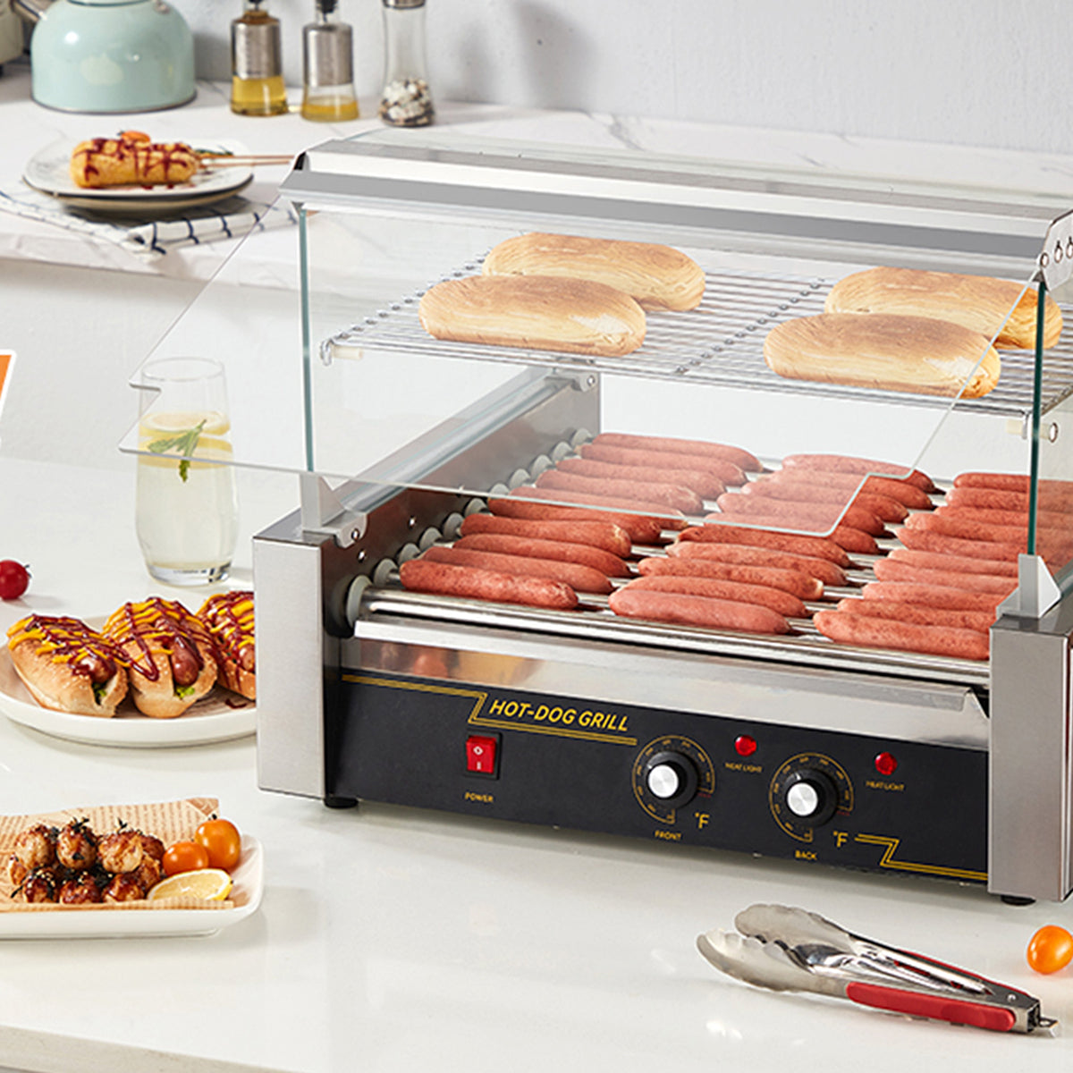 RoliHemix Electric 11-Roller Hot Dog Grill Machine with Glass Hood