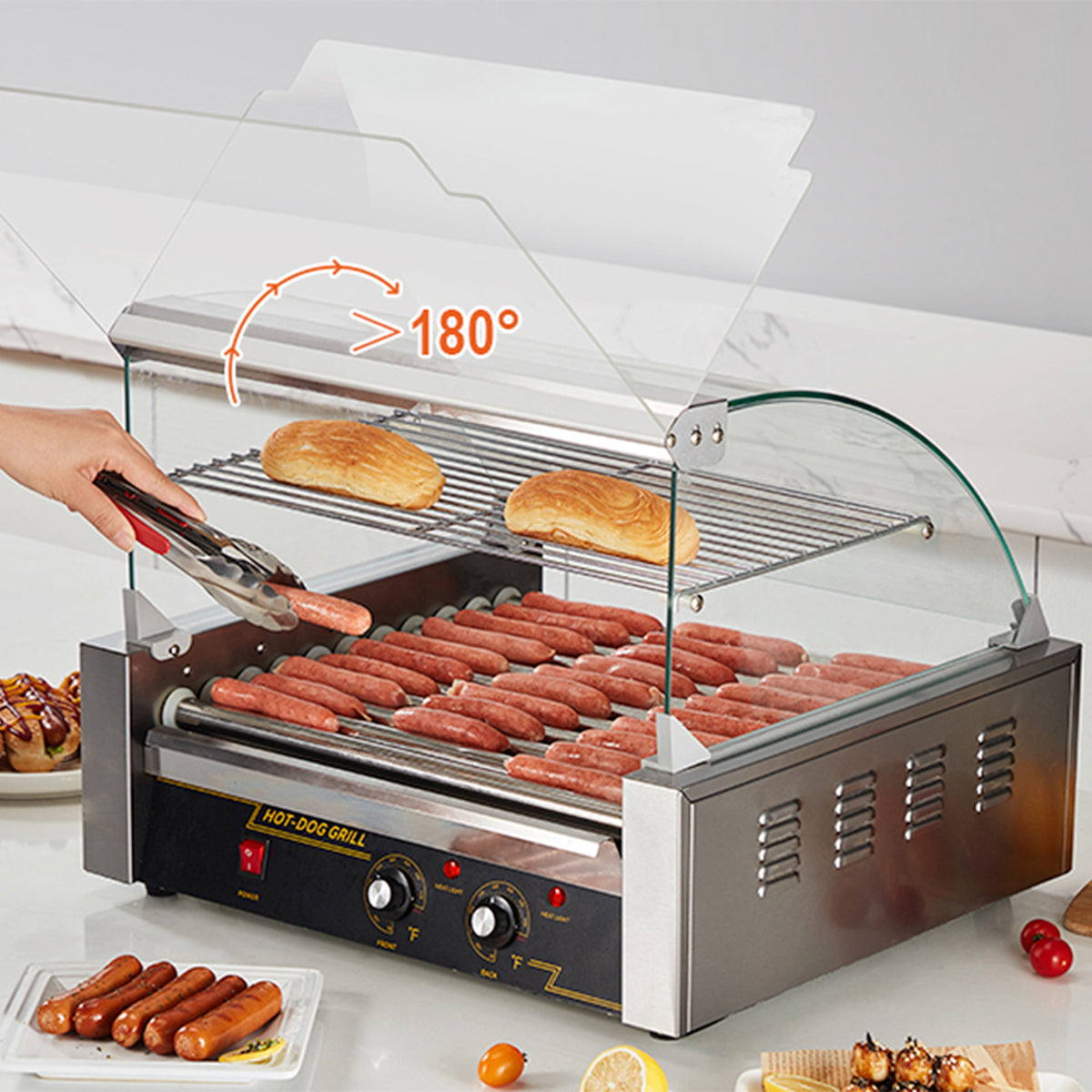 RoliHemix Electric 11-Roller Hot Dog Grill Machine with Glass Hood