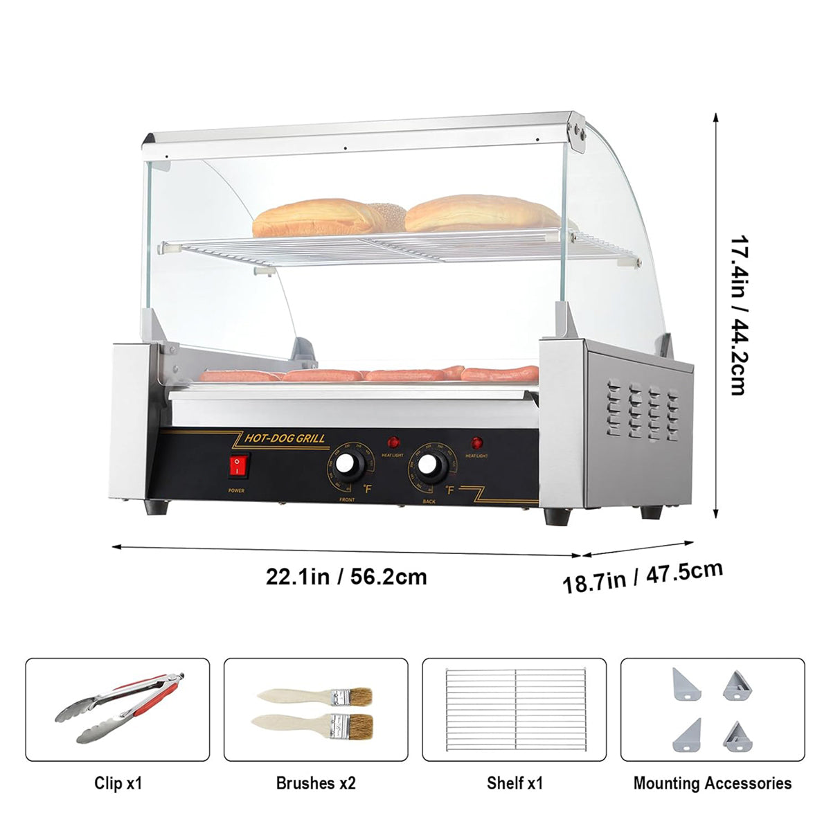 RoliHemix Electric 11-Roller Hot Dog Grill Machine with Glass Hood