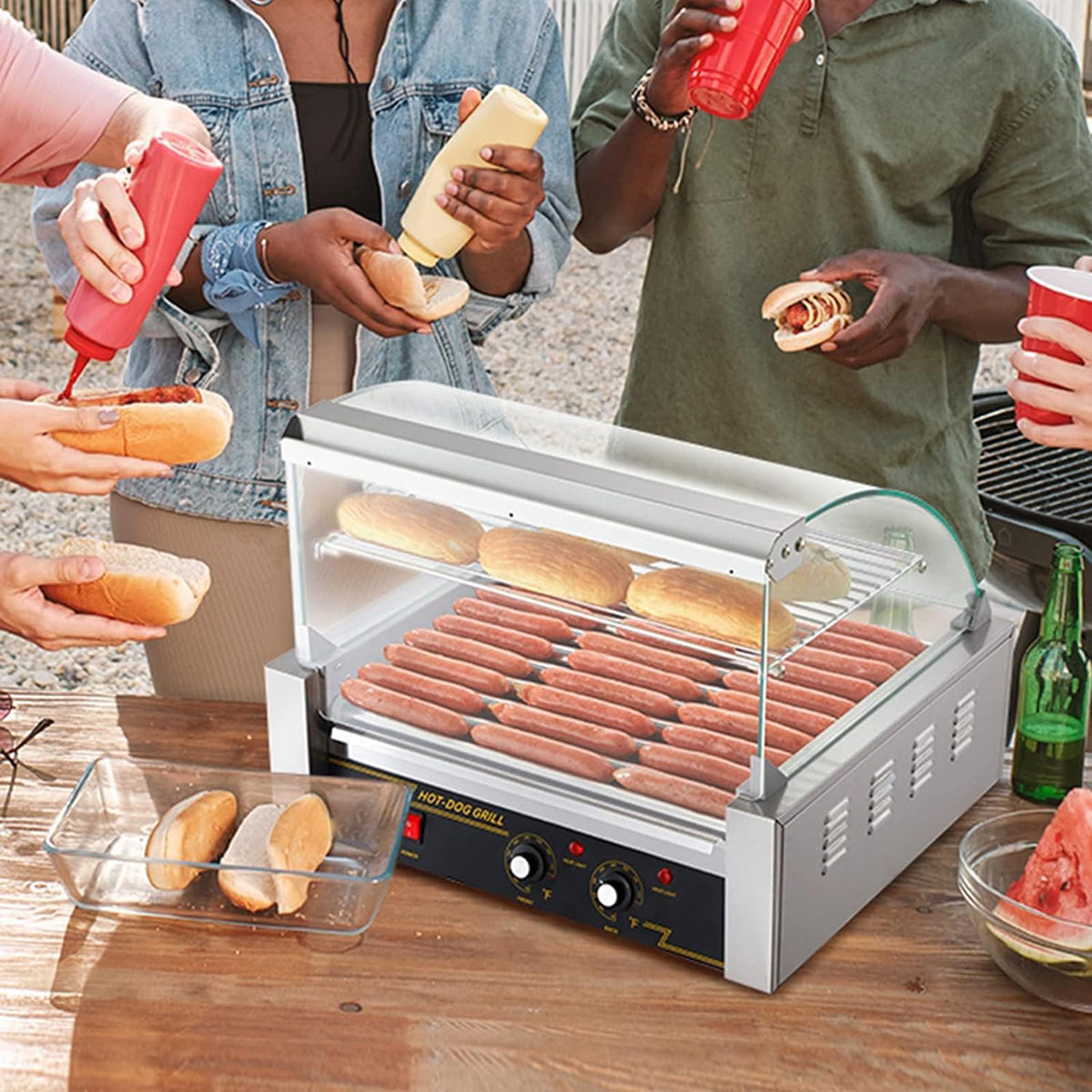 RoliHemix Electric 11-Roller Hot Dog Grill Machine with Glass Hood