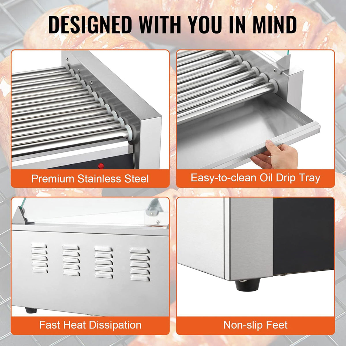 RoliHemix Electric 11-Roller Hot Dog Grill Machine with Glass Hood