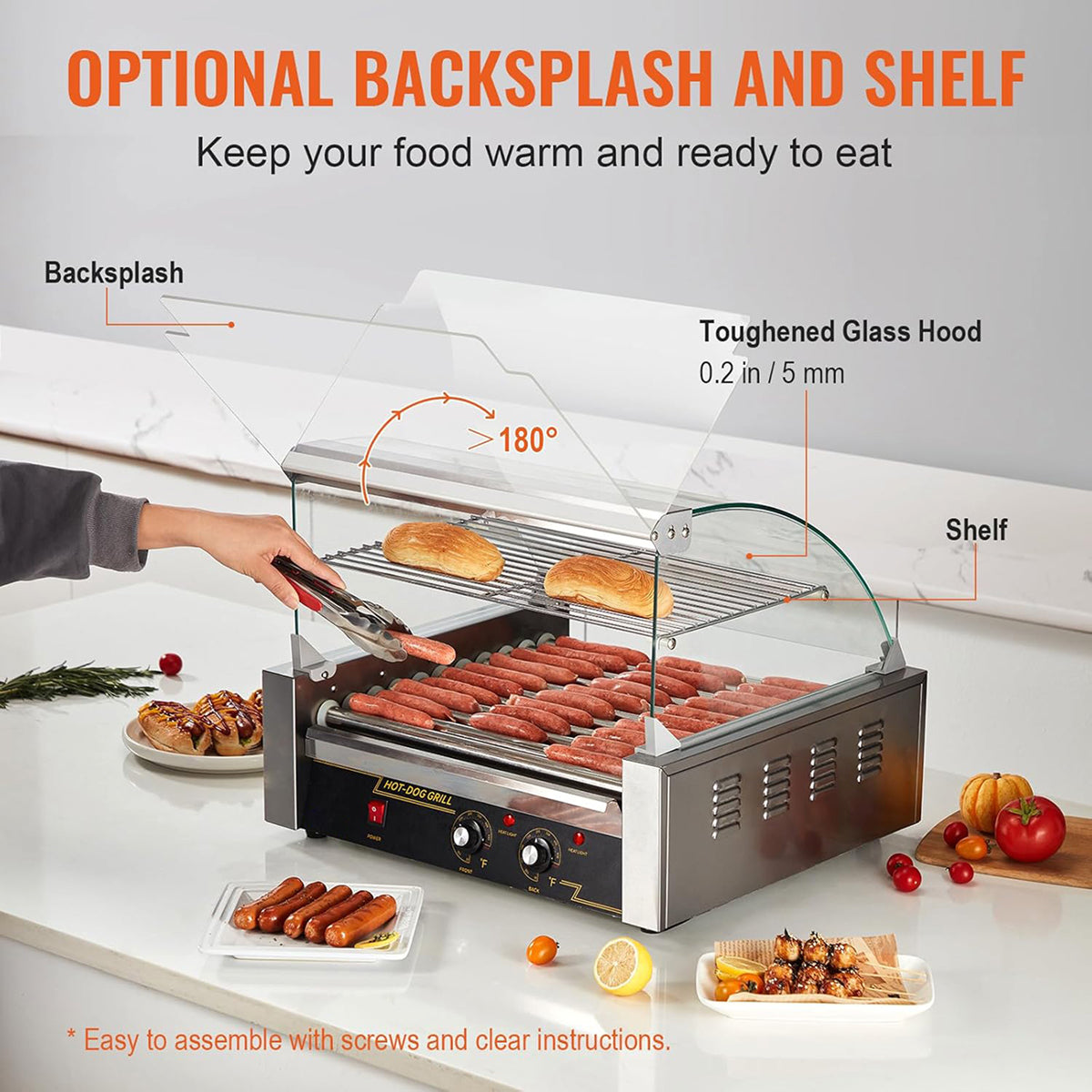 RoliHemix Electric 11-Roller Hot Dog Grill Machine with Glass Hood