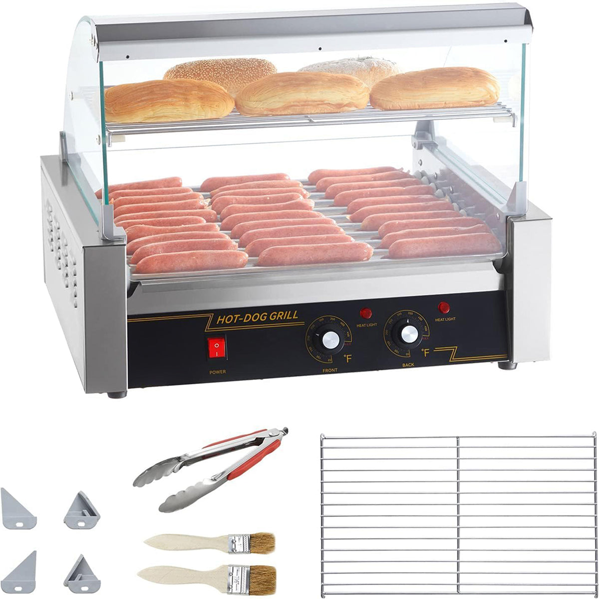 RoliHemix Electric 11-Roller Hot Dog Grill Machine with Glass Hood