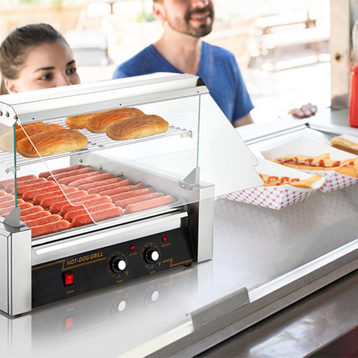 RoliHemix Electric 11-Roller Hot Dog Grill Machine with Glass Hood