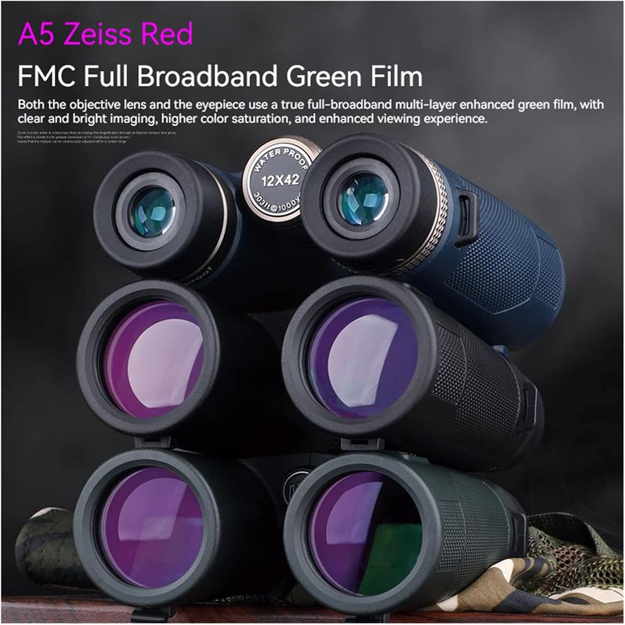 BinWicix 12x42 Hunting Binoculars – ED Glass, IP67 Waterproof & Red Coating High-Clarity Optics