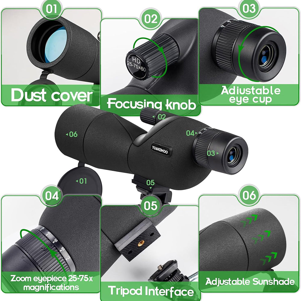 UnixClos HD Spotting Scope – 25-75x60mm Magnification, BAK4 Prism & Universal Phone Adapter