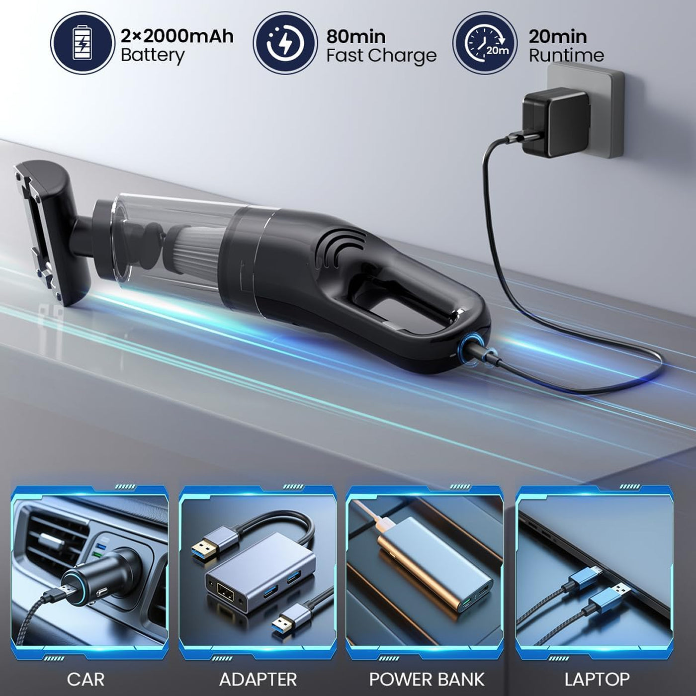 VamixLi Car Vacuum Cleaner - 26,000 PA Powerful Suction, 500g Ultra-Lightweight Cordless Handheld Vacuum