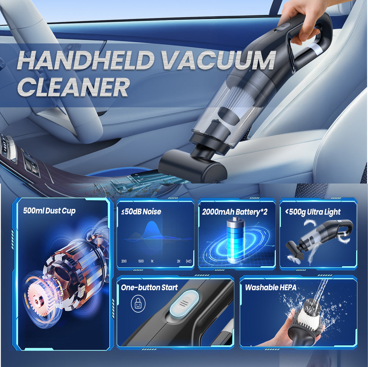 VamixLi Car Vacuum Cleaner - 26,000 PA Powerful Suction, 500g Ultra-Lightweight Cordless Handheld Vacuum
