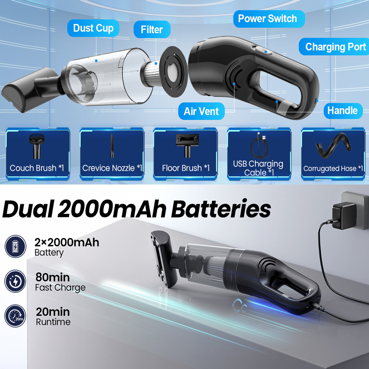 VamixLi Car Vacuum Cleaner - 26,000 PA Powerful Suction, 500g Ultra-Lightweight Cordless Handheld Vacuum