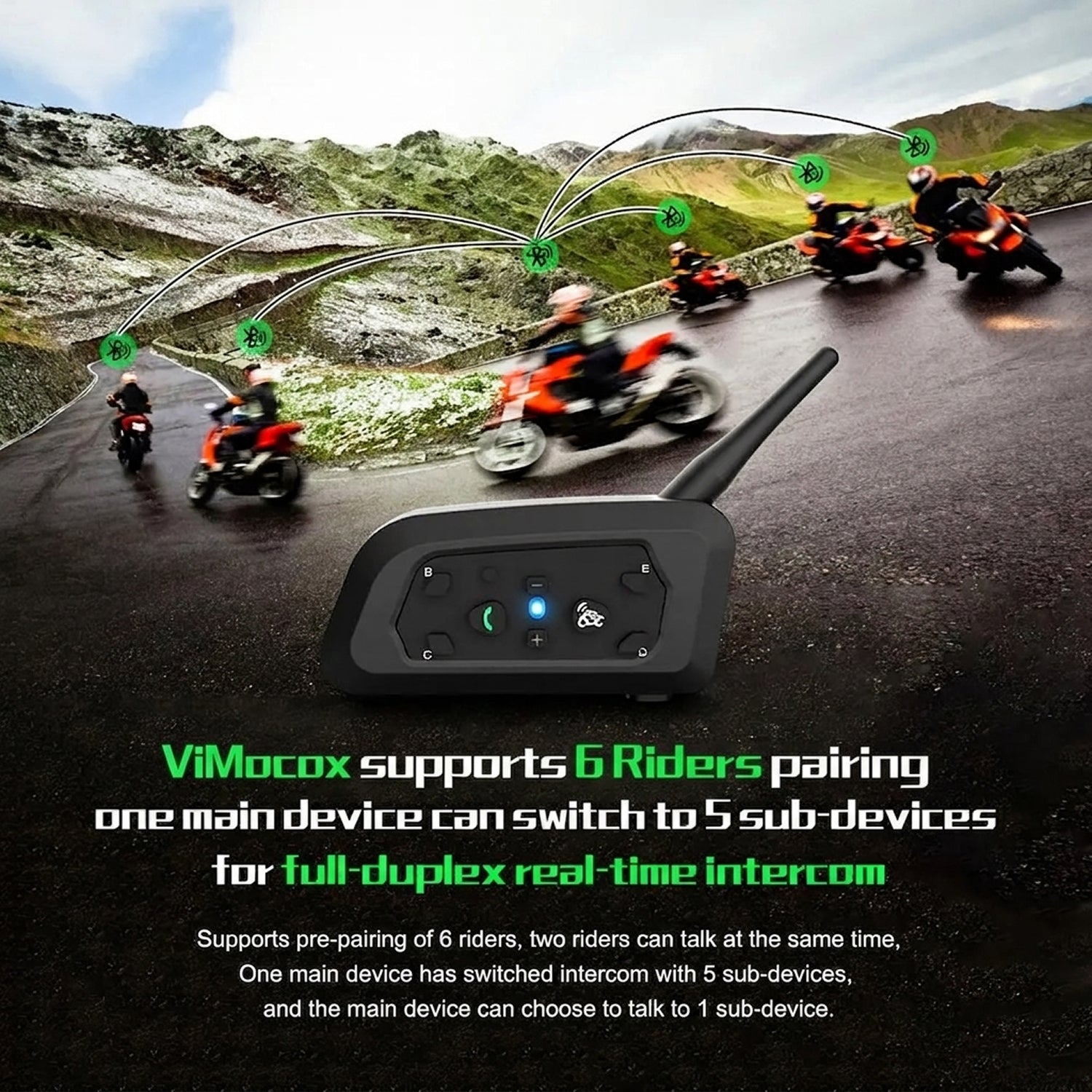 ViMocox Motorcycle Bluetooth Intercom – 800m Range, 6-Rider Connect & IP67 Waterproof Headset