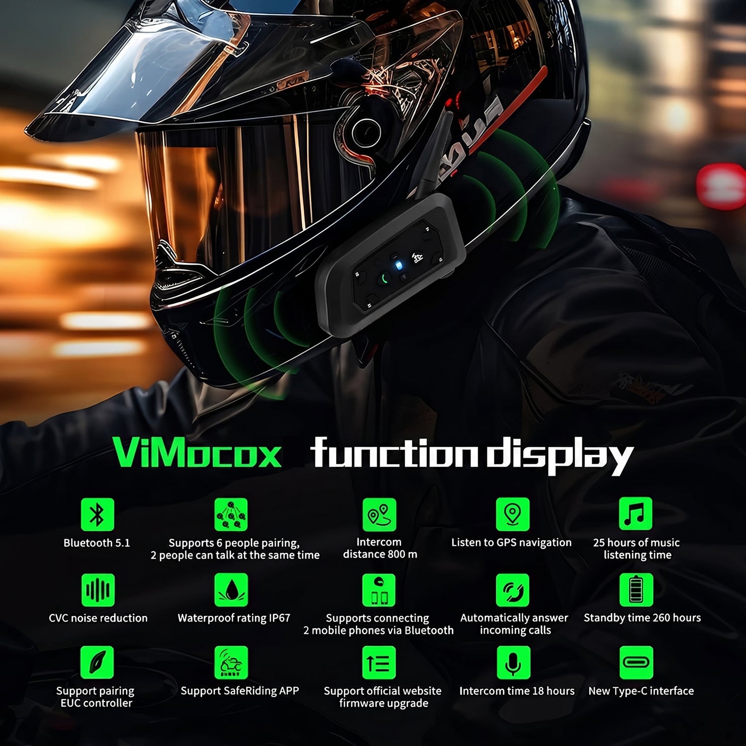 ViMocox Motorcycle Bluetooth Intercom – 800m Range, 6-Rider Connect & IP67 Waterproof Headset